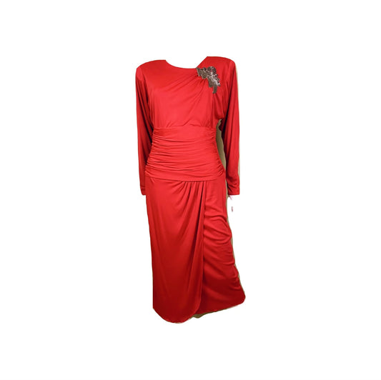 Vintage Bright Beaded Red Ruche Drape Dress