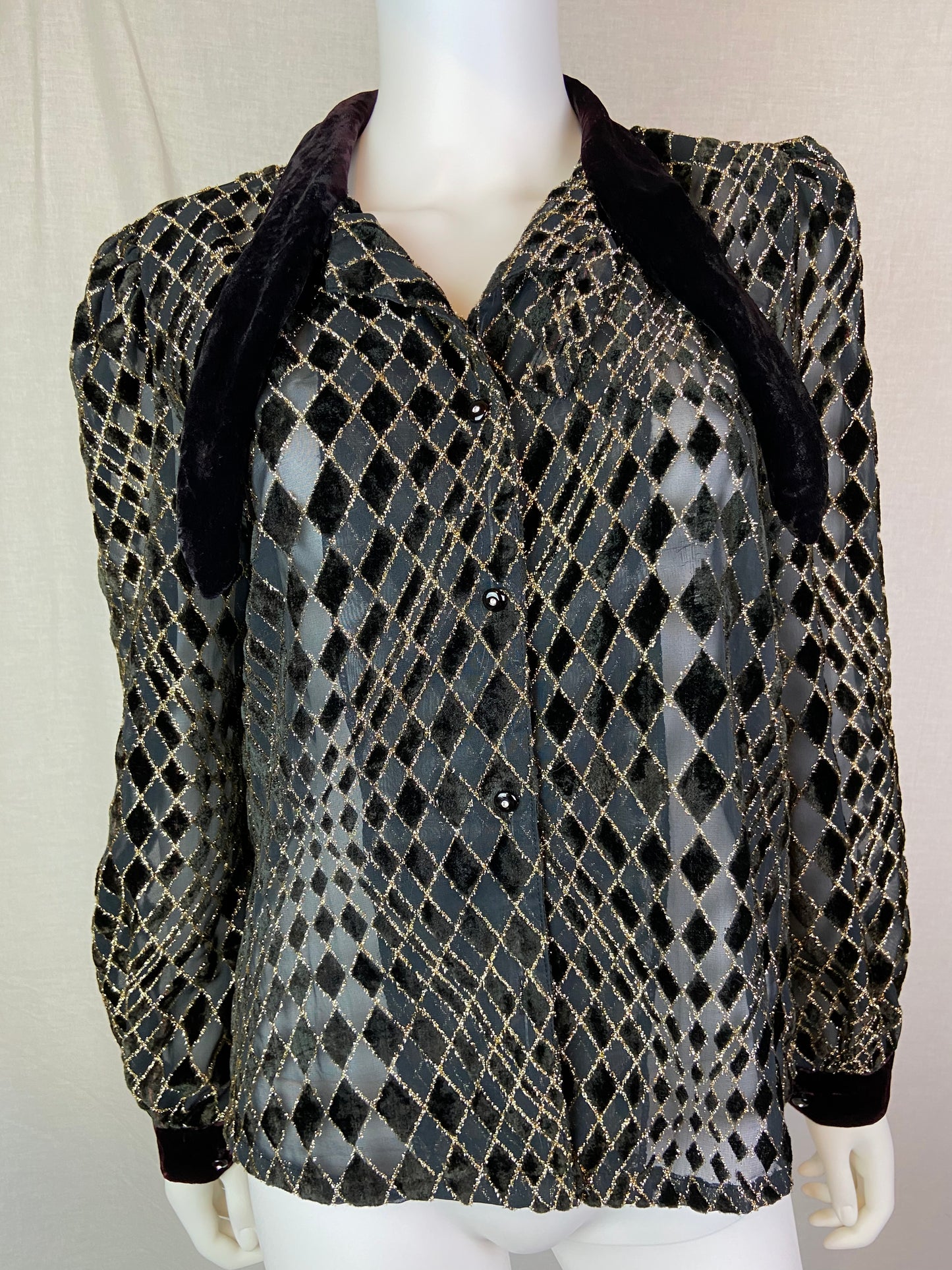 Vintage Black Velvet Silk Gold Sheer Top ABBY ESSIE STUDIOS