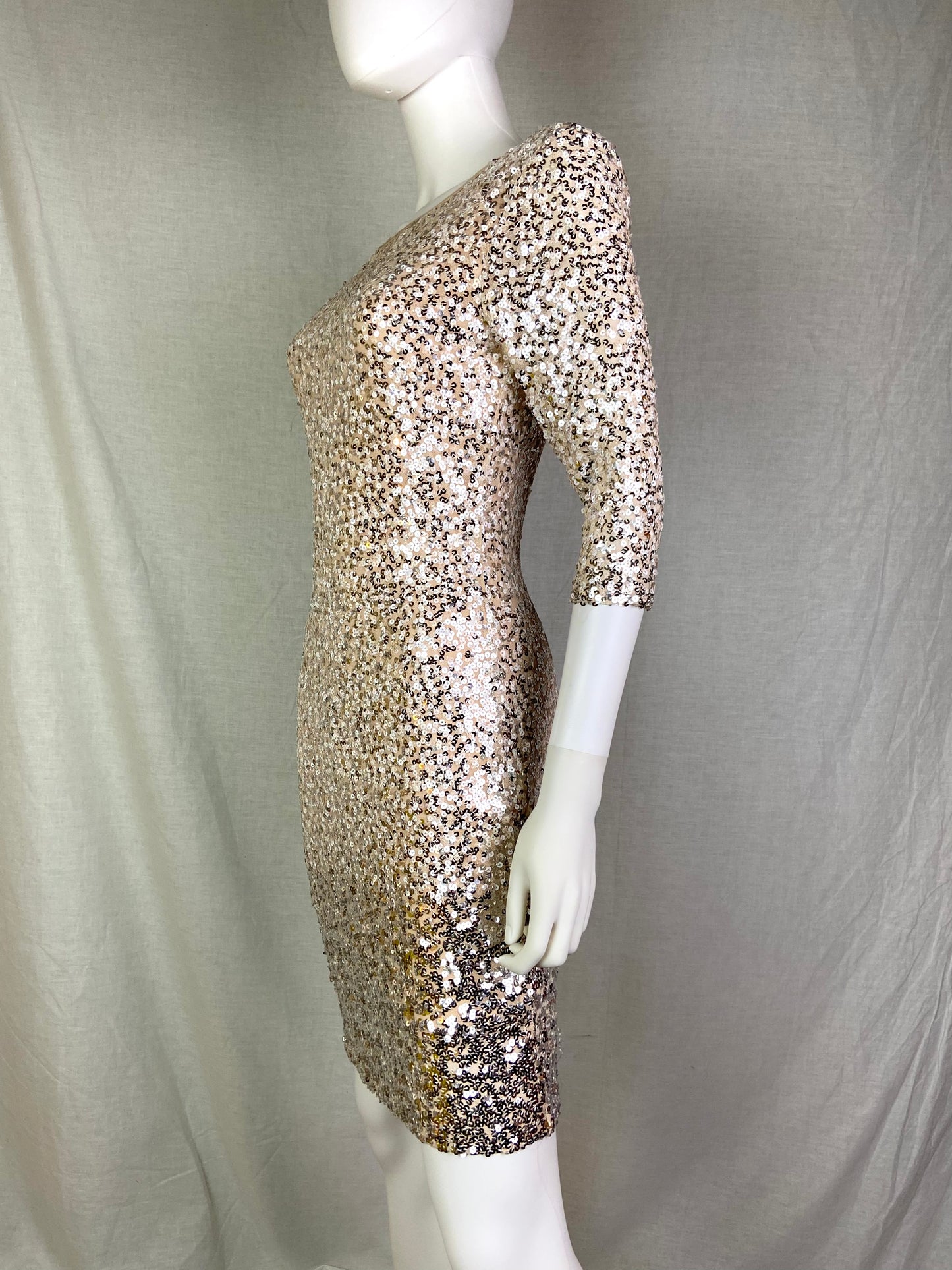 Crystal Doll Beige Champagne Ombré Sequin Stretch Coctail Dress NWT ABBY ESSIE STUDIOS