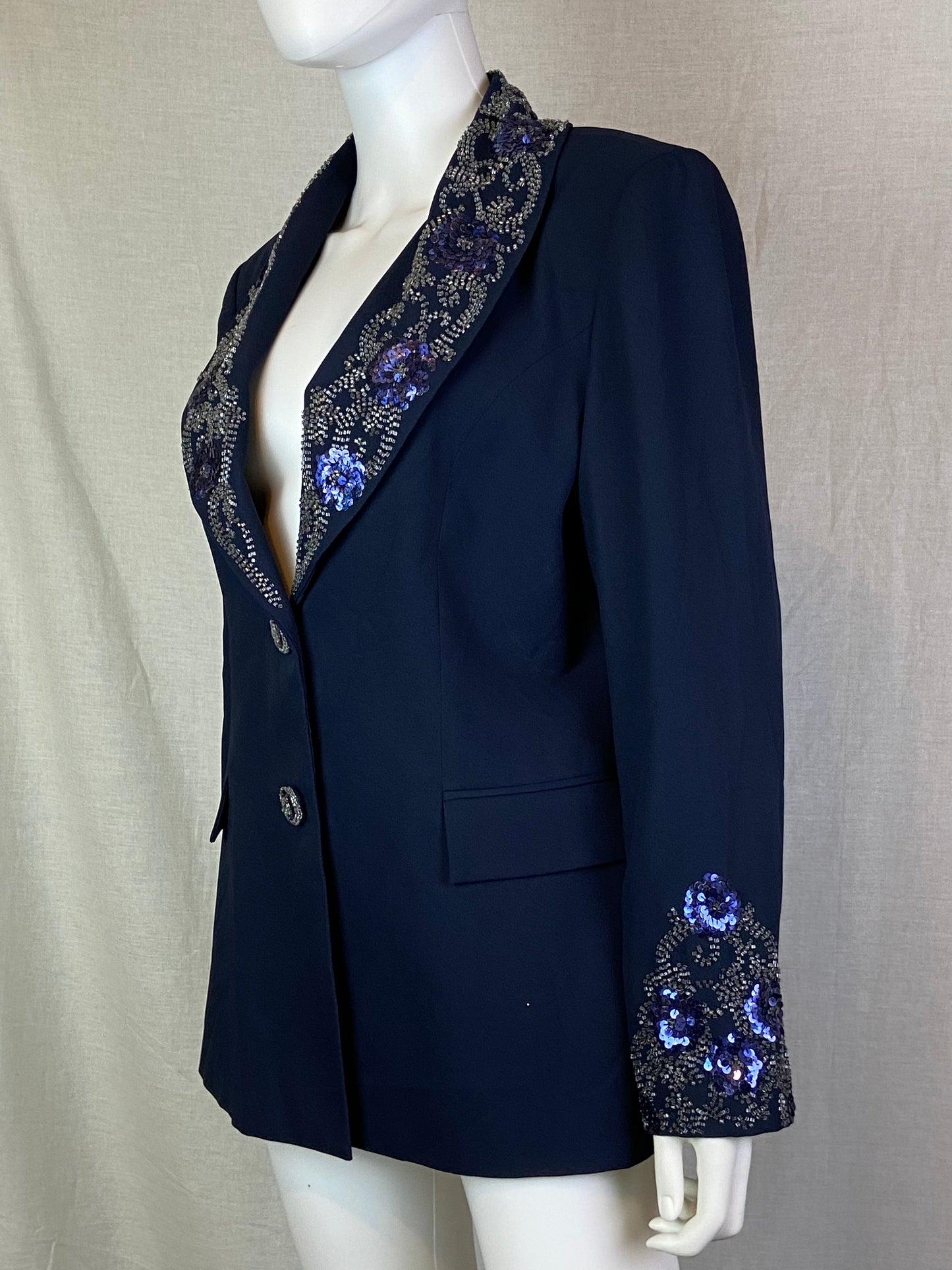 Scala Navy Blue Sequin Beaded Blazer ABBY ESSIE STUDIOS