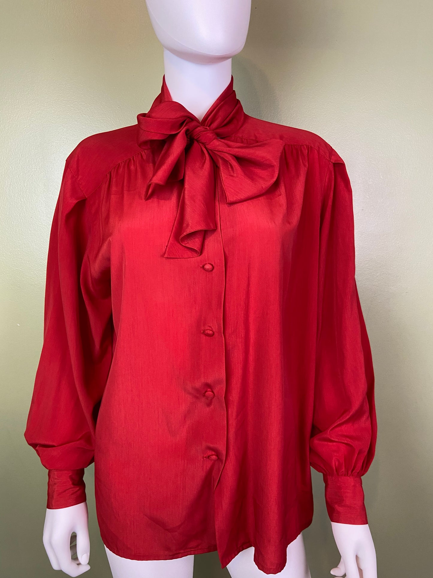 Vintage Red Kitten Bow Silky Blouson Sleeve Career Cocktail