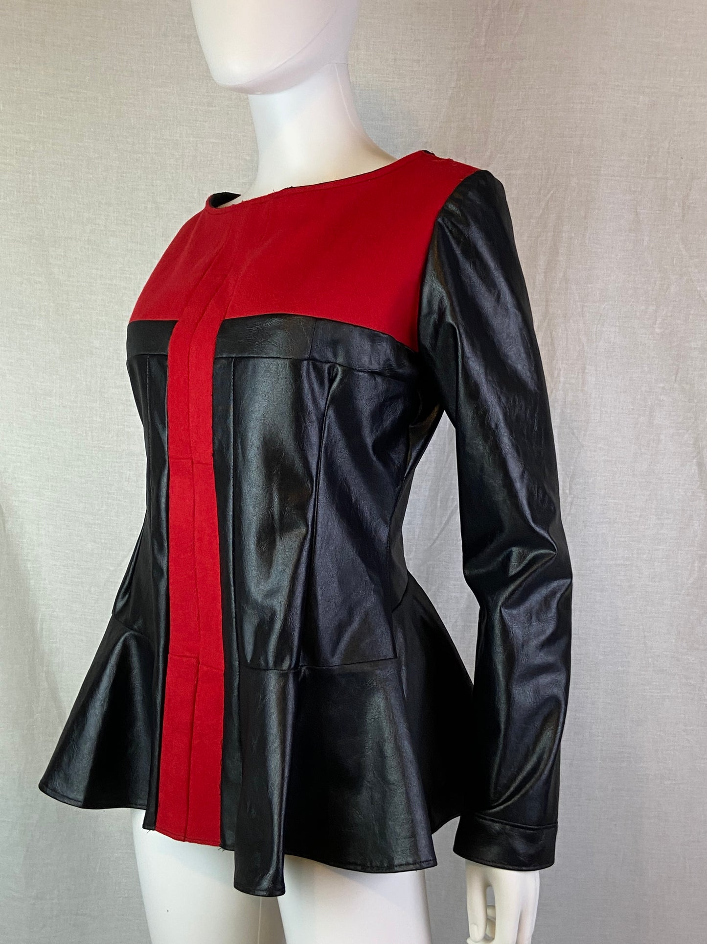 Custom Red Wool Black Faux Leather Top