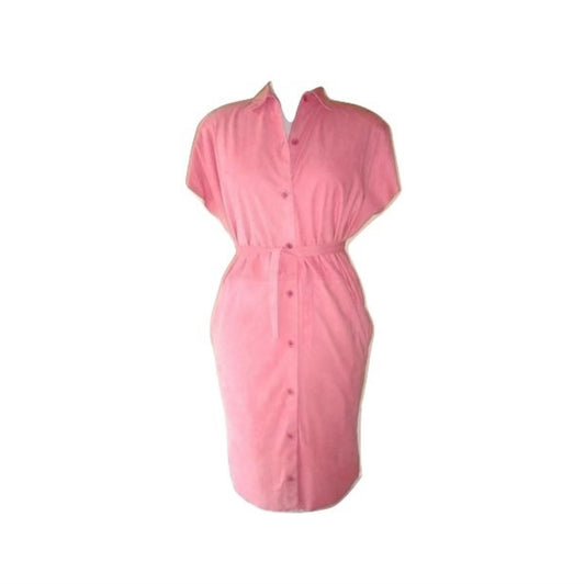 [SOLD] Vintage ALICIA HERRERA Pink Suede 80s Short Sleeve Shirt Dress