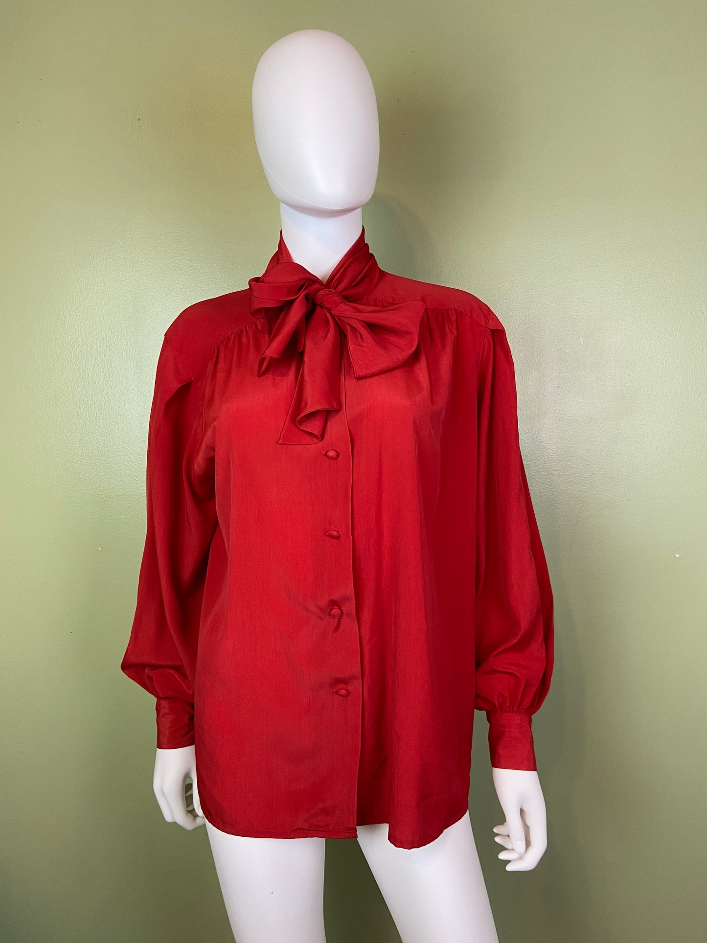 Vintage Red Kitten Bow Silky Blouson Sleeve Career Cocktail