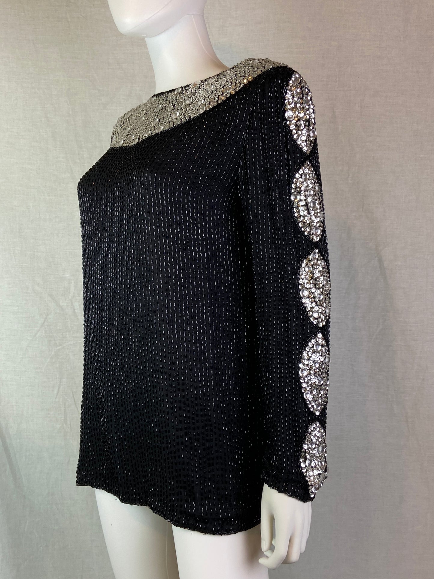 Oleg Cassini Black Silver Sequin Beaded Rhinestone Silk Top