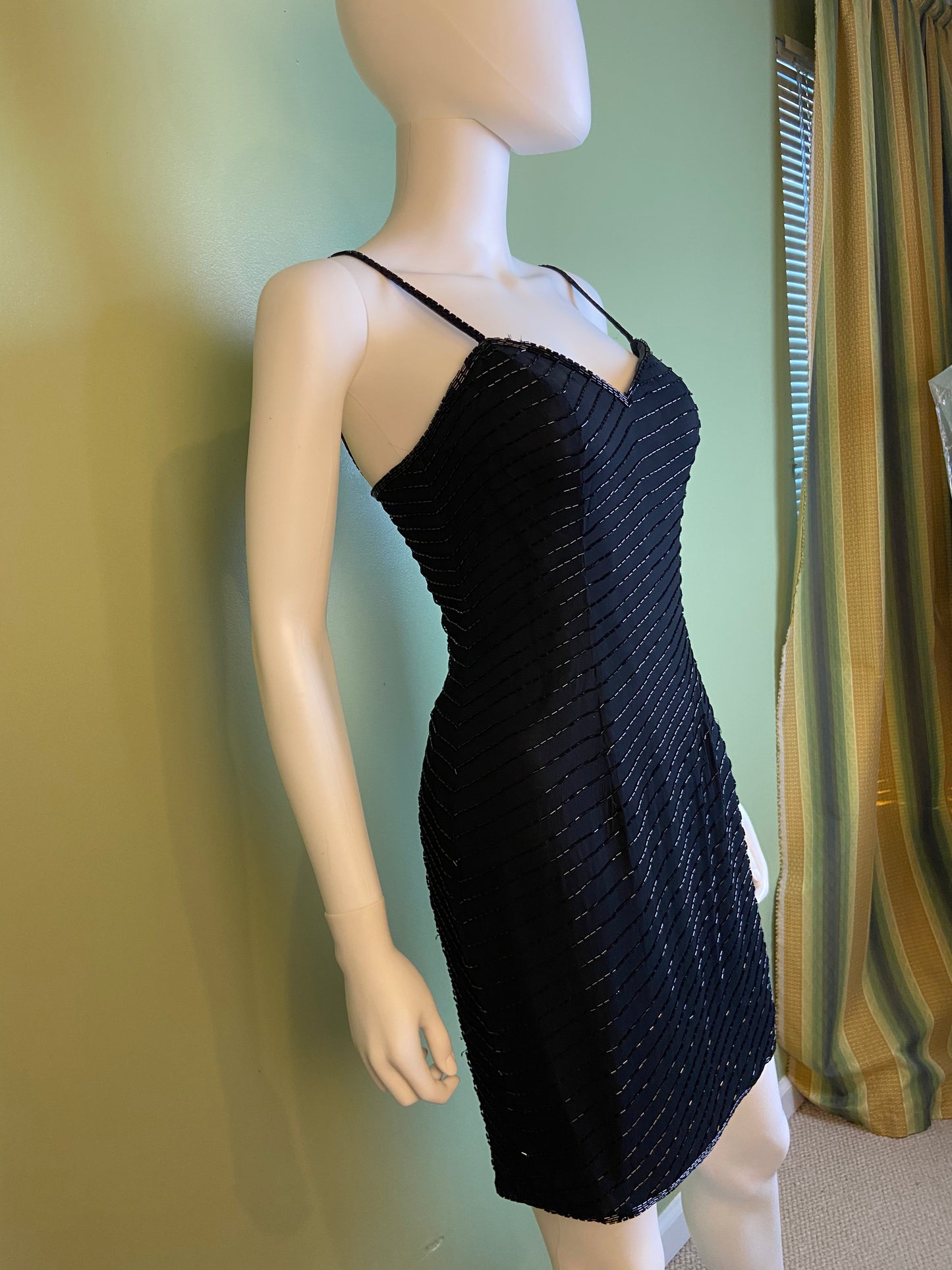 Vintage Black Beaded Sequin Silk Bustier Cocktail Dress Abby Essie