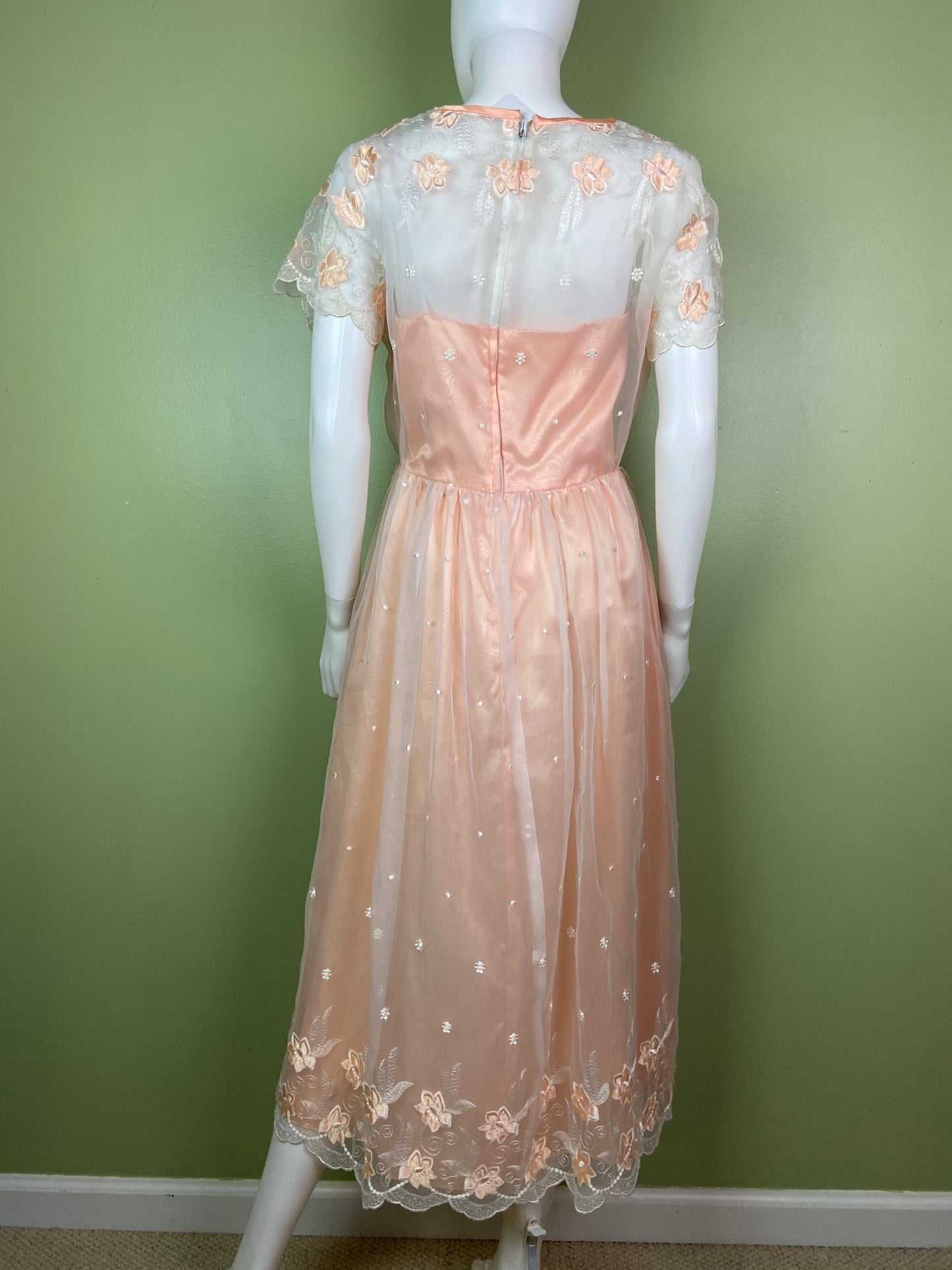 Vintage Victorian Bespoke Pink Peach Satin Sheer Embroidered Floral Lace Dress Gown Abby Essie