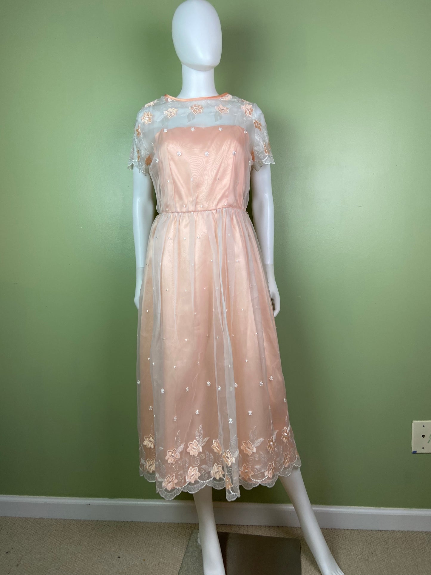 Vintage Victorian Bespoke Pink Peach Satin Sheer Embroidered Floral Lace Dress Gown Abby Essie