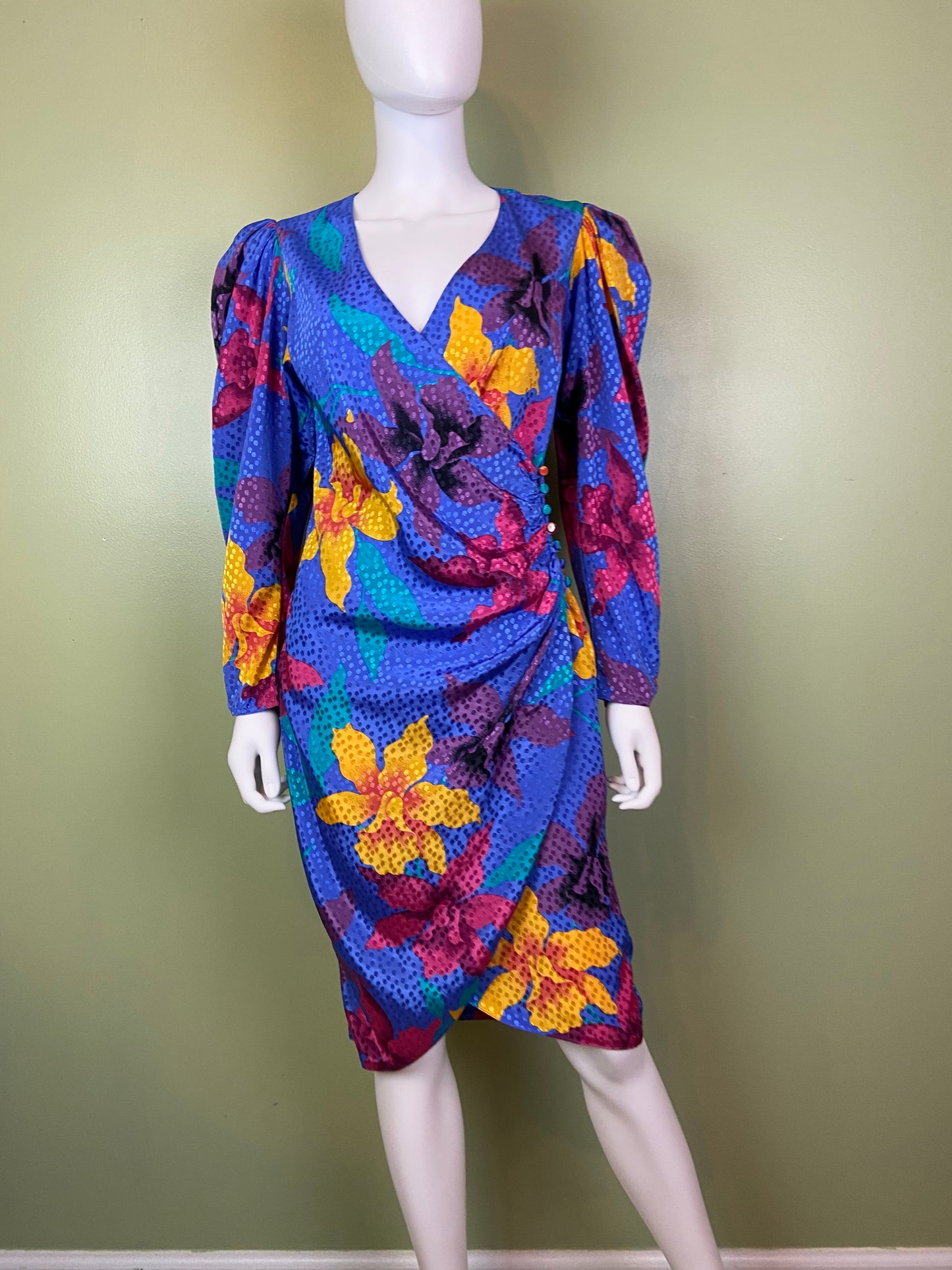 Vintage Silky Blue Floral Wrap Dress ABBY ESSIE Designer & Vintage