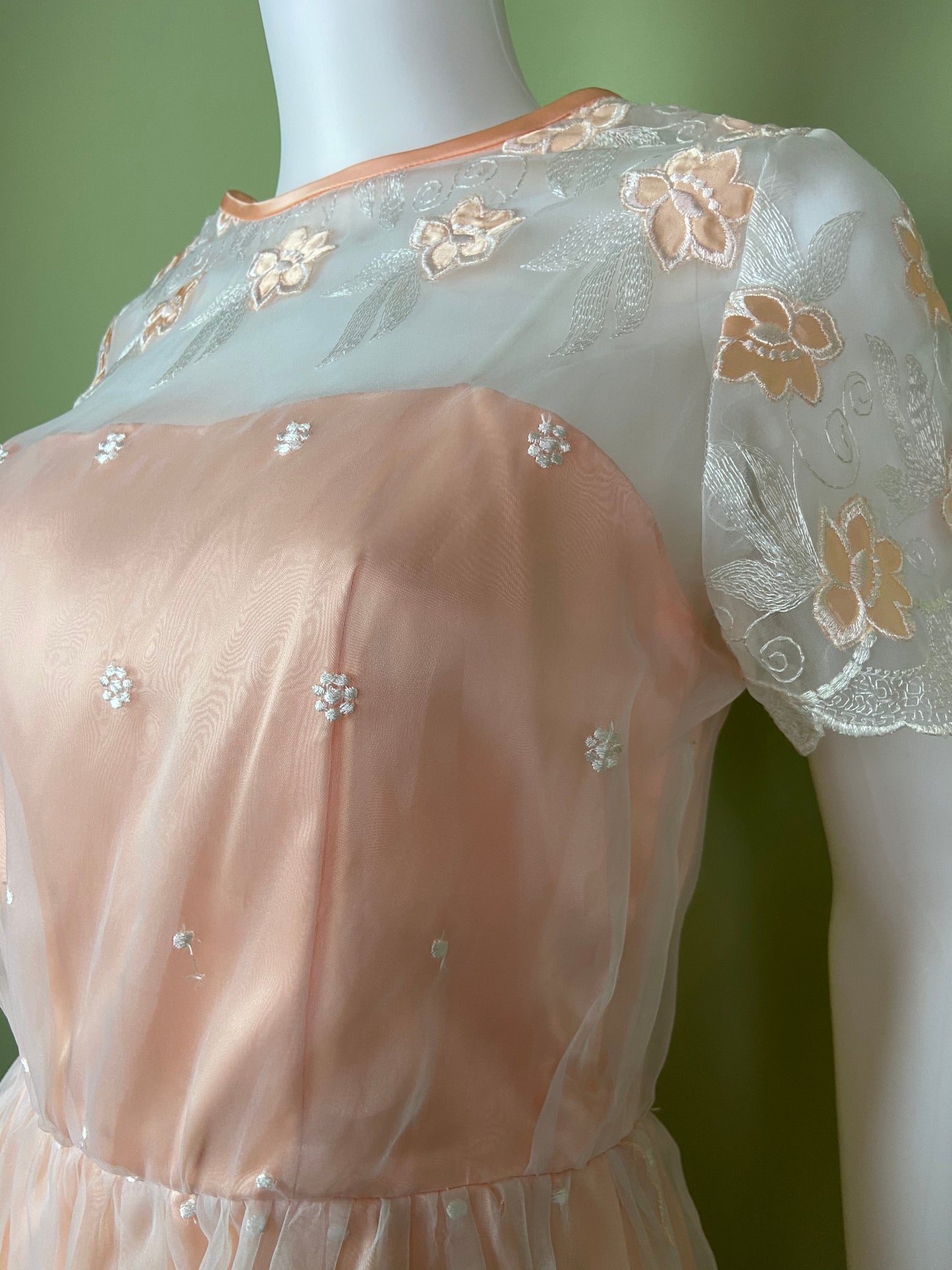 Vintage Victorian Bespoke Pink Peach Satin Sheer Embroidered Floral Lace Dress Gown Abby Essie