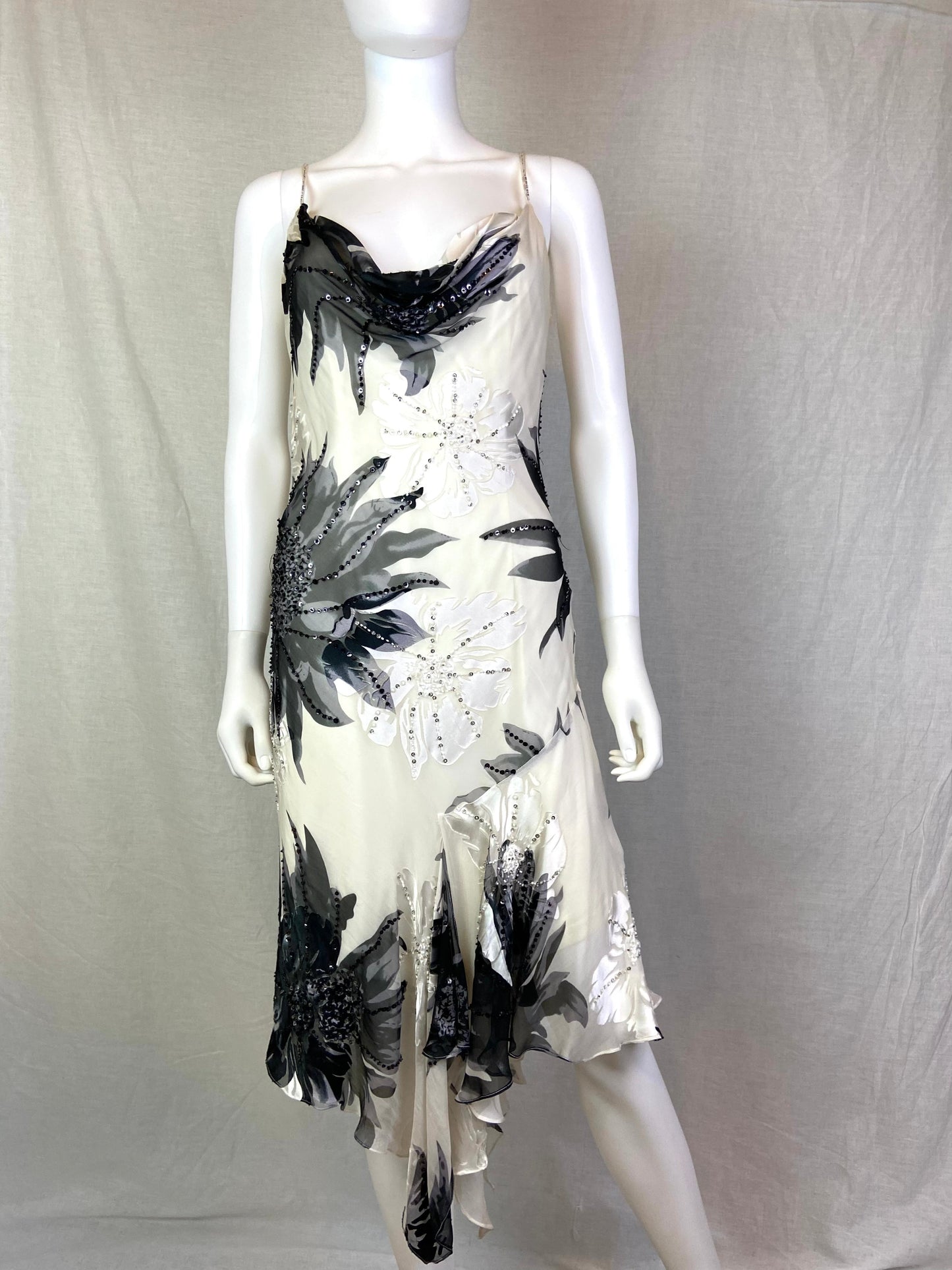 Cache Beaded White Black Floral Silk Gown ABBY ESSIE STUDIOS