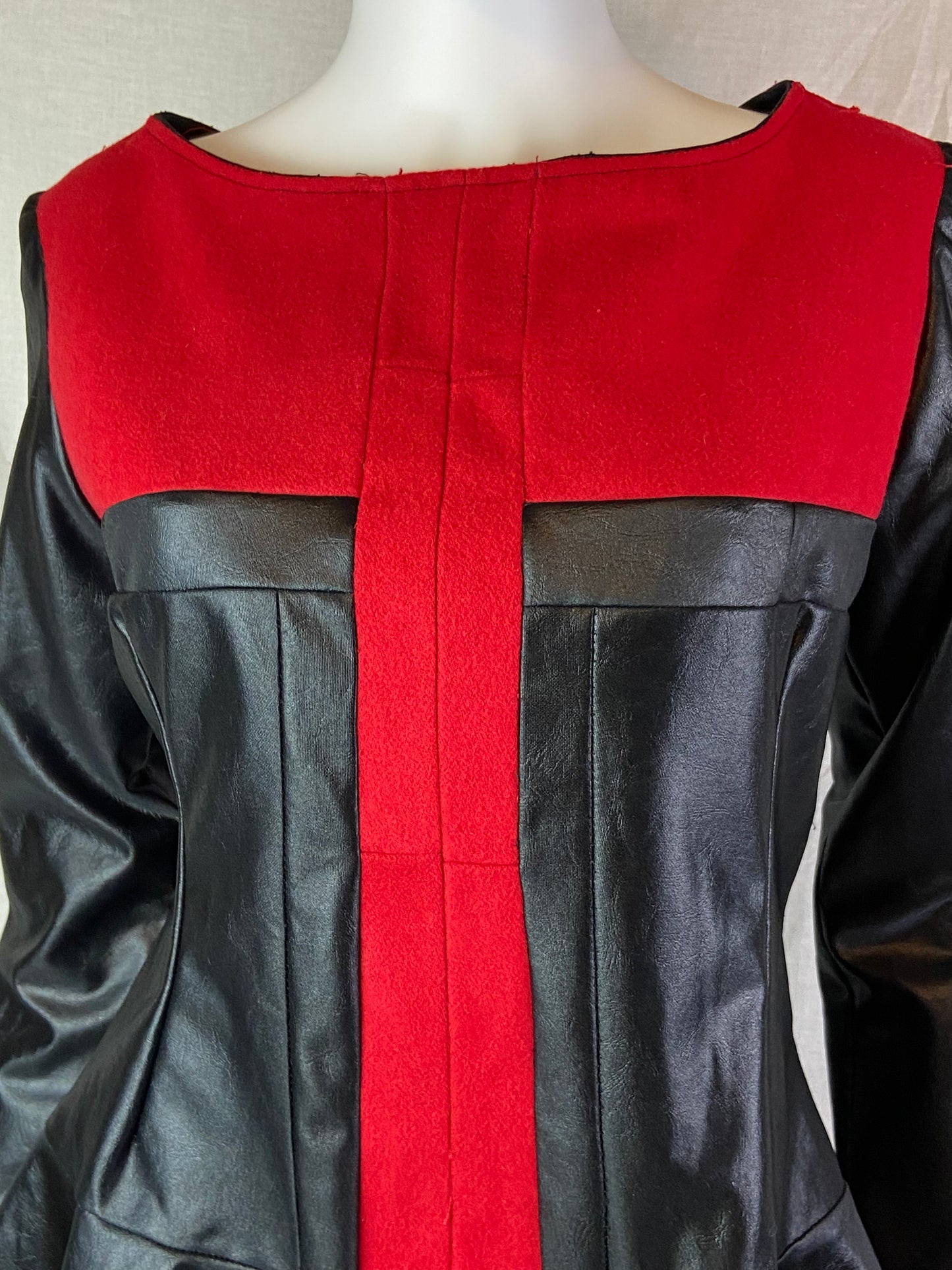 Custom Red Wool Black Faux Leather Top