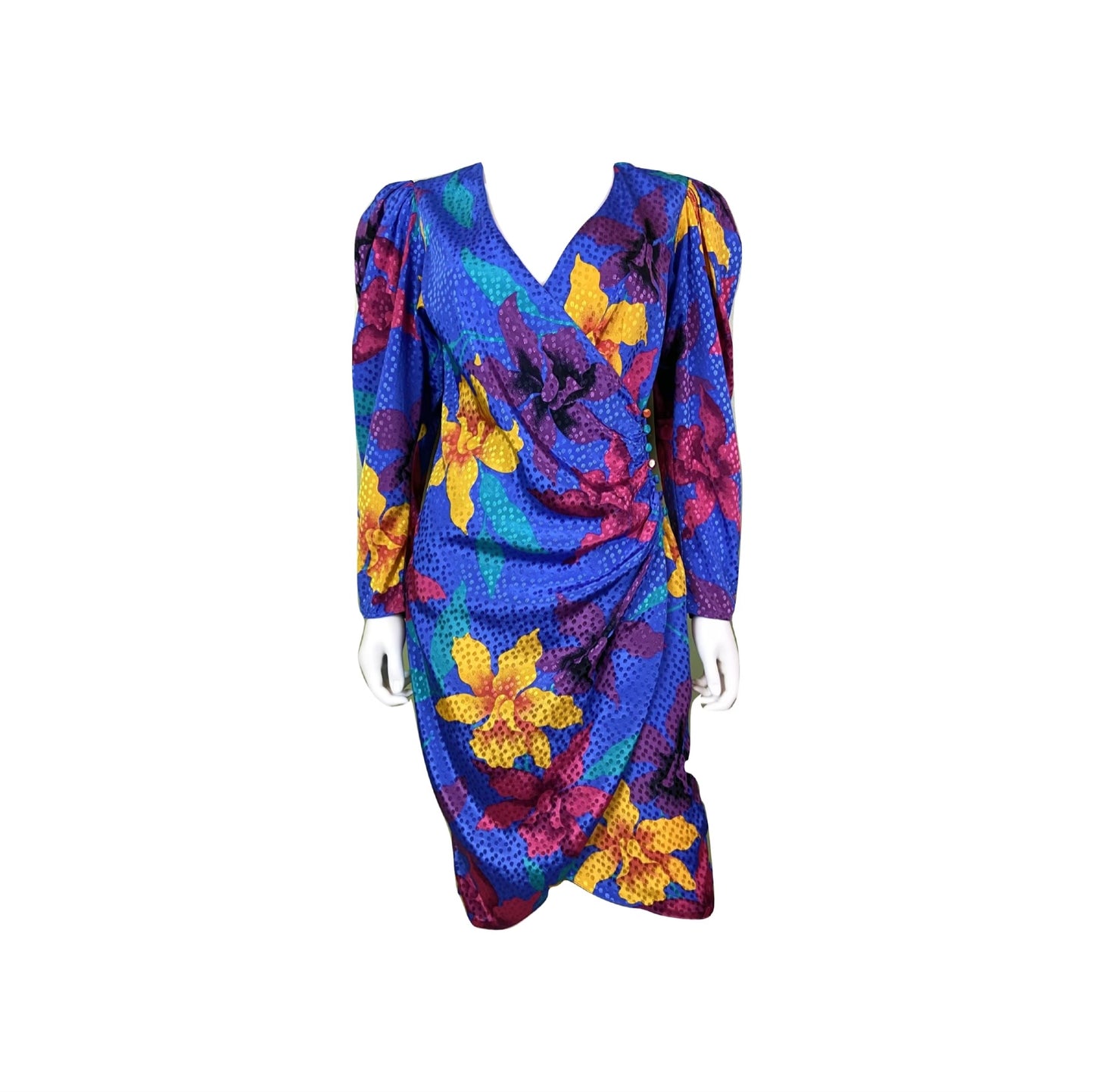 Vintage Silky Blue Floral Wrap Dress ABBY ESSIE Designer & Vintage