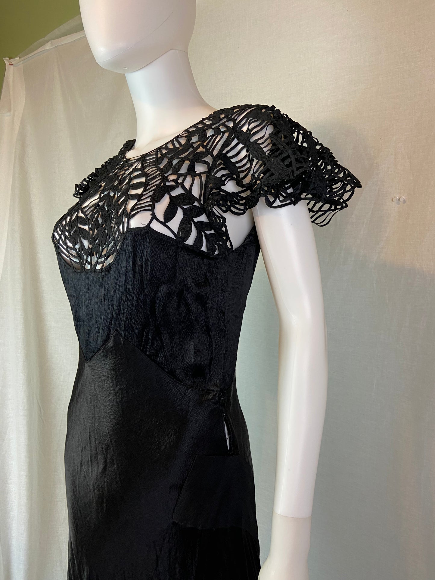 Antique Black Woven Lace Silk Bias Gown ABBY ESSIE STUDIOS