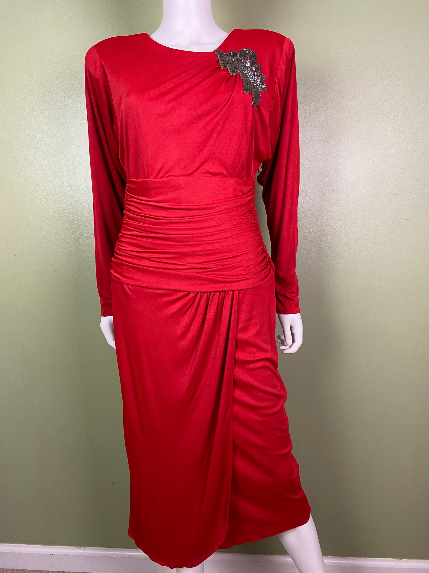 Vintage Bright Beaded Red Ruche Drape Dress Abby Essie