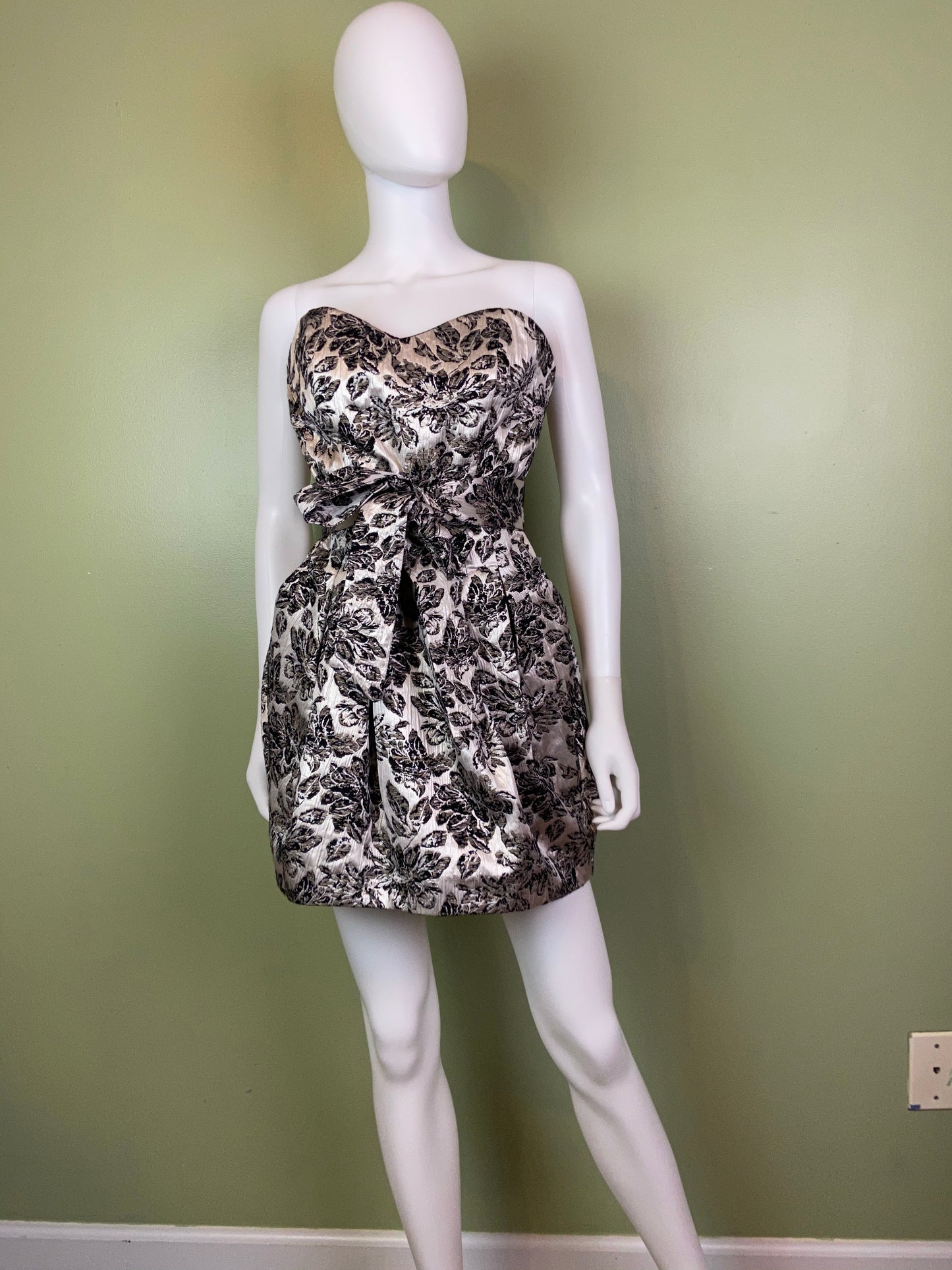 Silver Lame Black Floral Strapless Bustier Bubble Dress Abby Essie