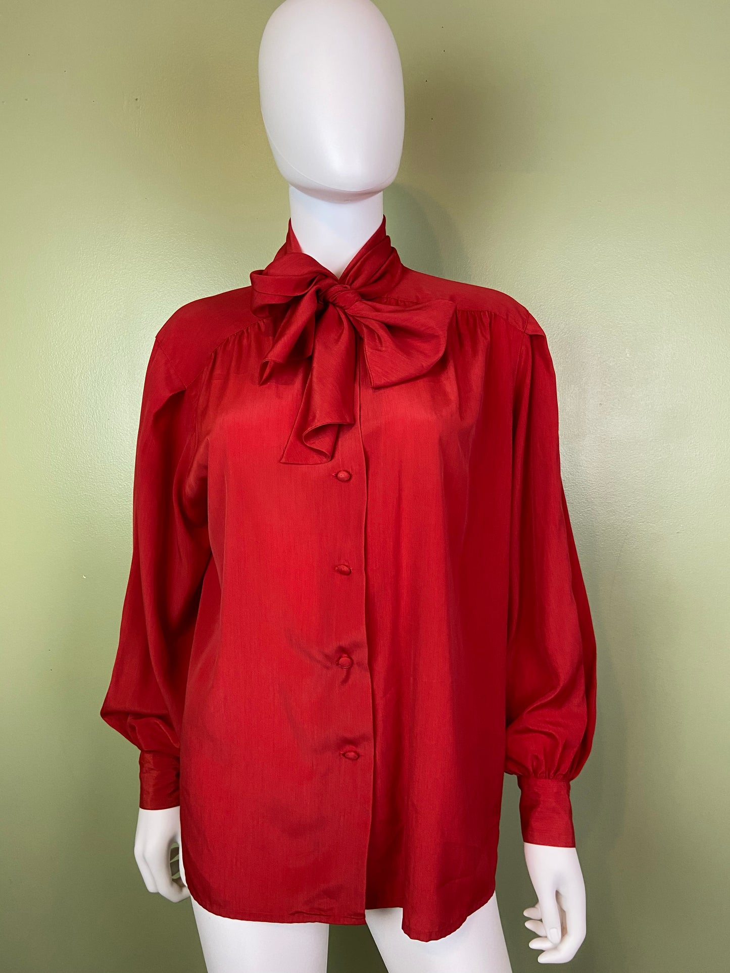 Vintage Red Kitten Bow Silky Blouson Sleeve Career Cocktail