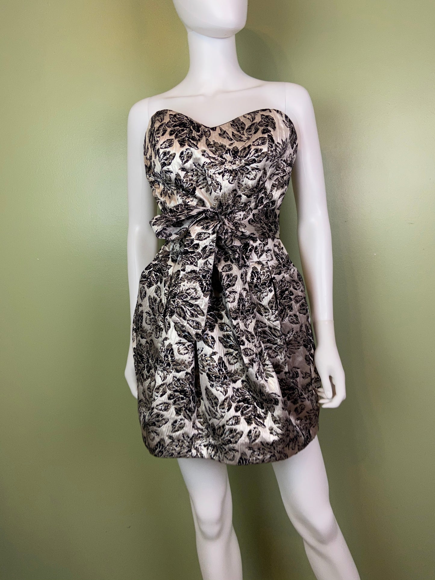 Silver Lame Black Floral Strapless Bustier Bubble Dress Abby Essie