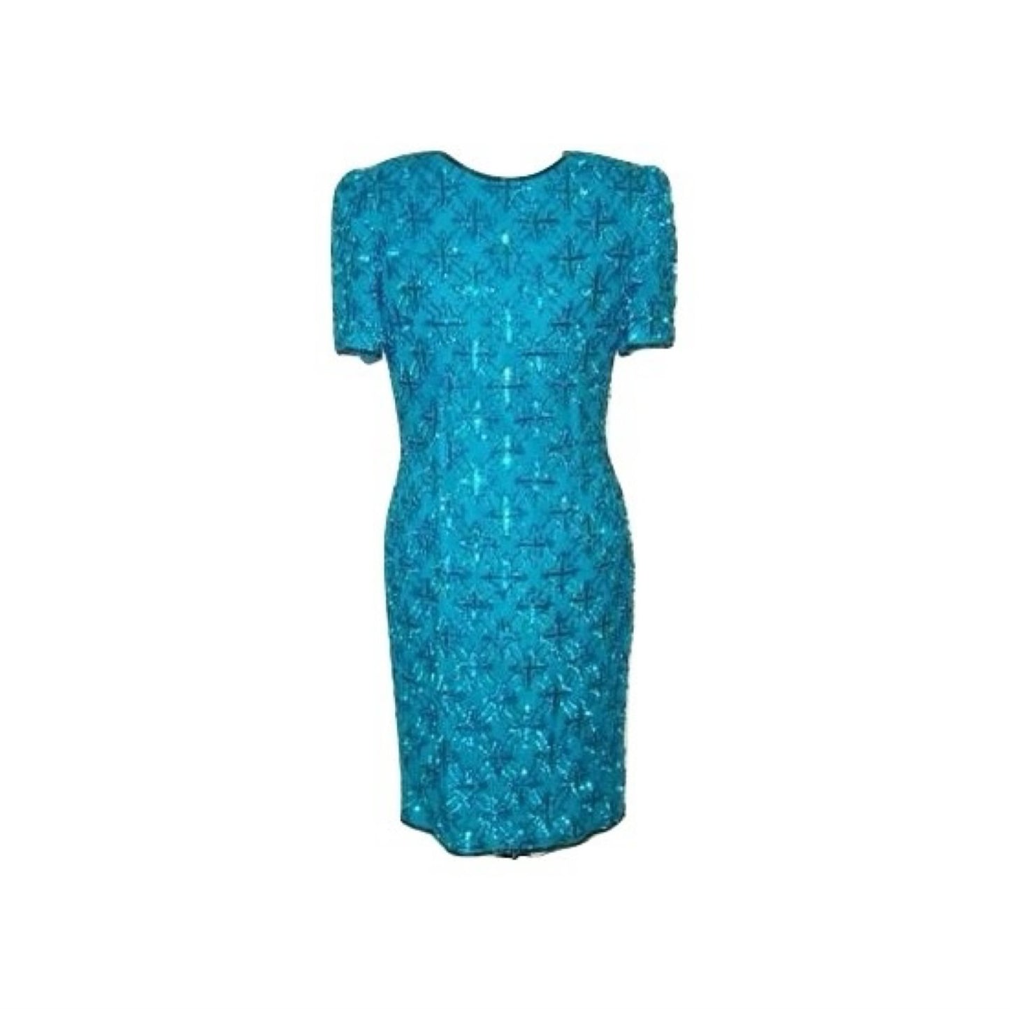 Vintage Stenay Blue Turquoise Sequin Silk Trophy Cocktail Dress Abby Essie