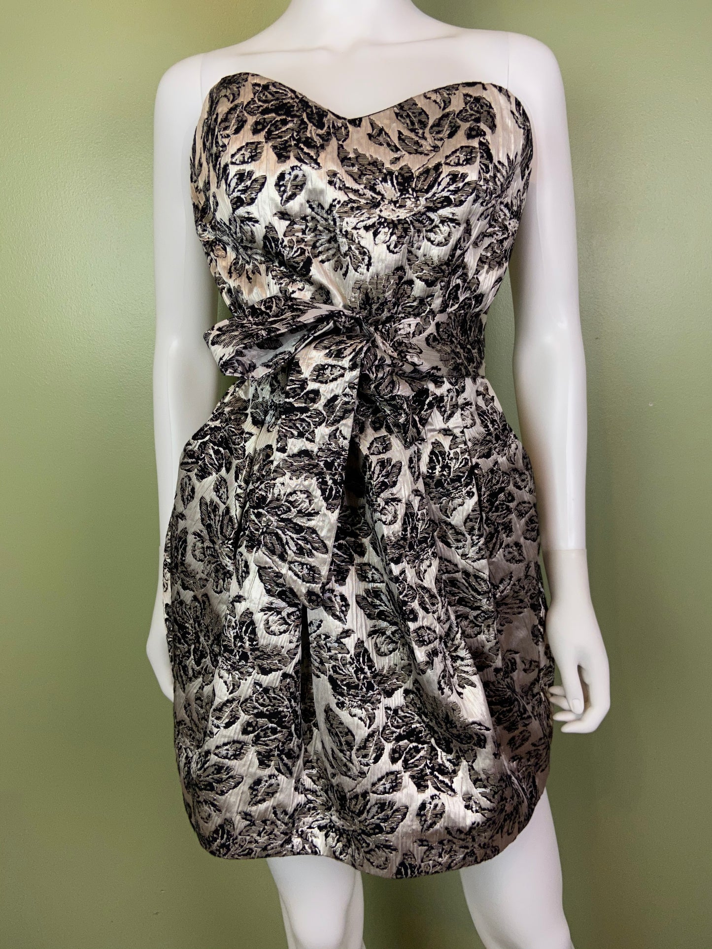 Silver Lame Black Floral Strapless Bustier Bubble Dress Abby Essie