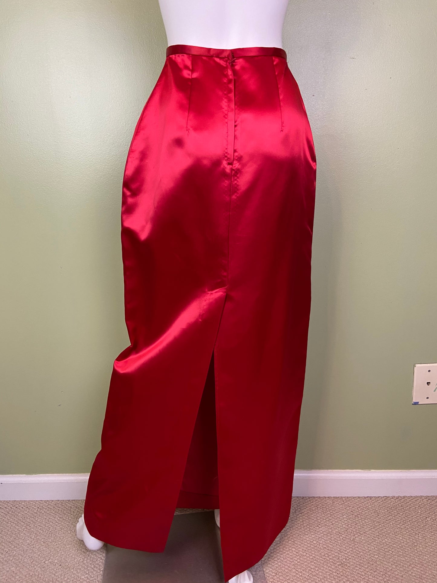 Long Red Satin Tuxedo Column Skirt ABBY ESSIE Designer & Vintage