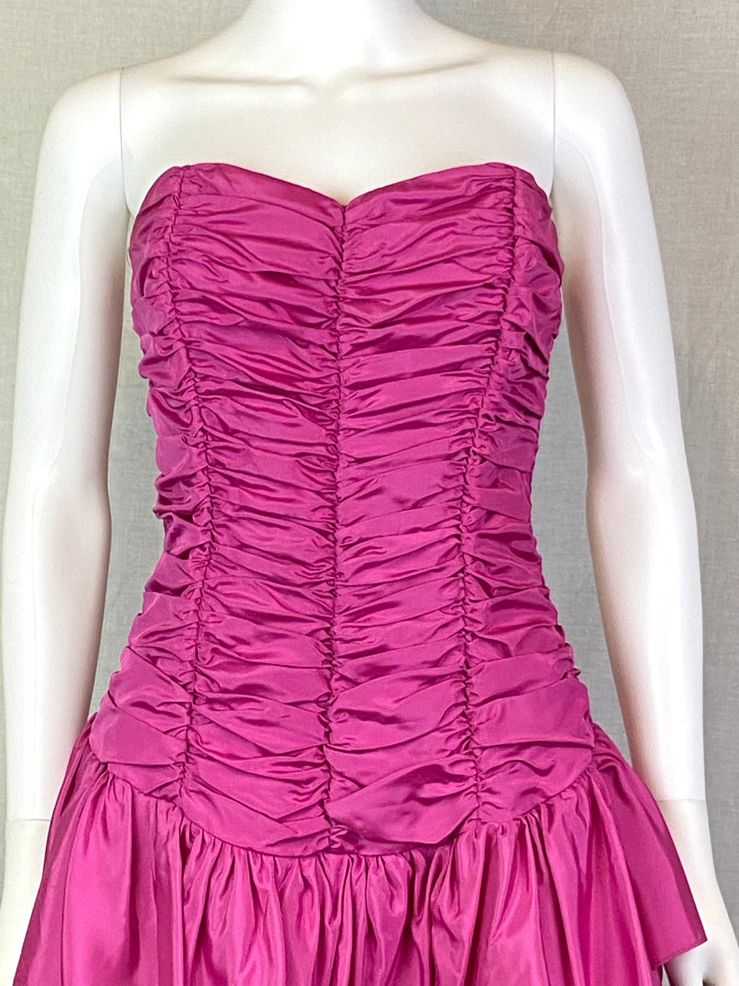 Vintage Positively ELLYN Hot Pink Satin Ruche Ruffle Dress ABBY ESSIE STUDIOS