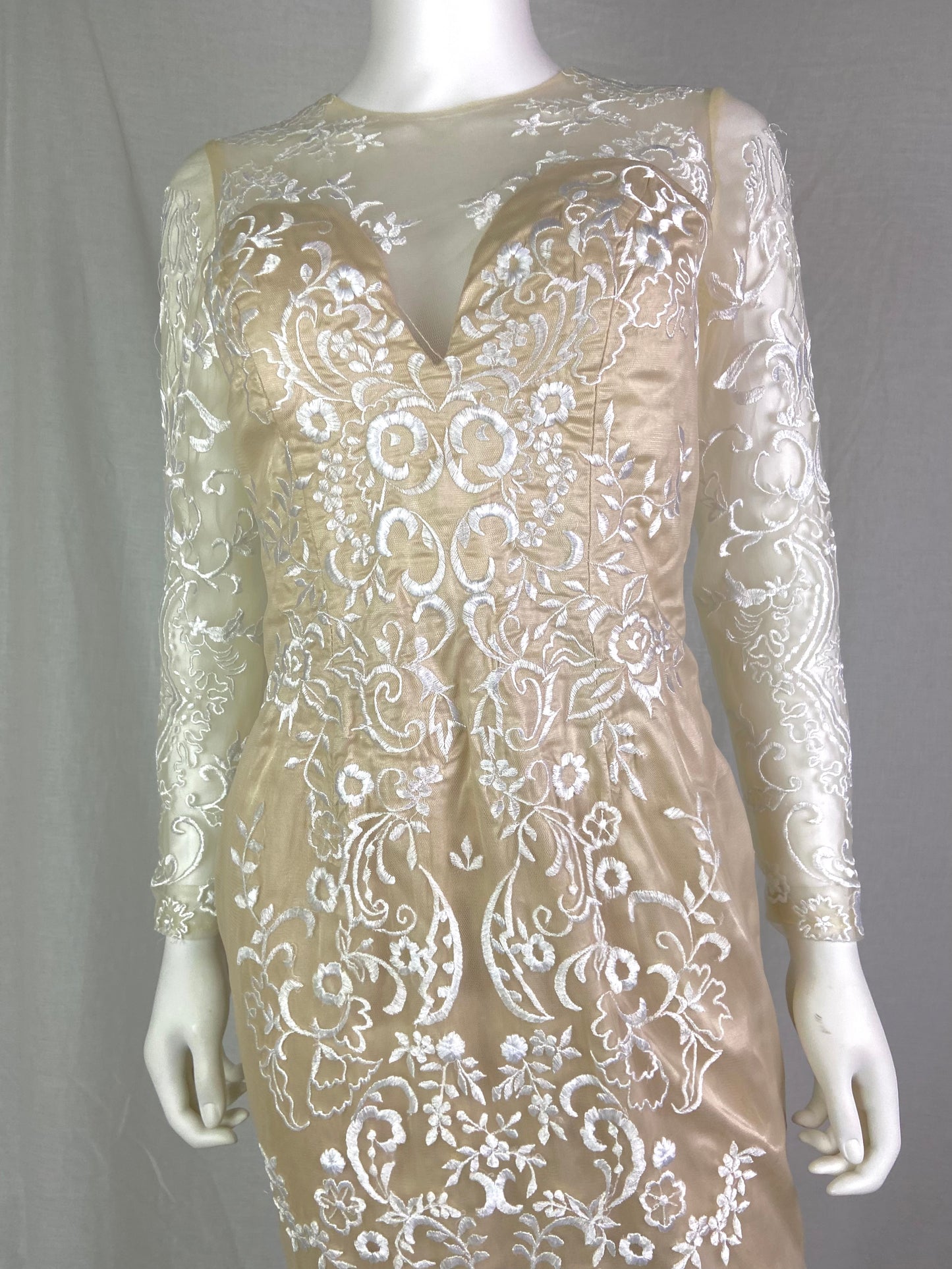 Vtg Champagne Cream Beige Embroidered Sheer Satin Wedding Gown ABBY ESSIE STUDIOS