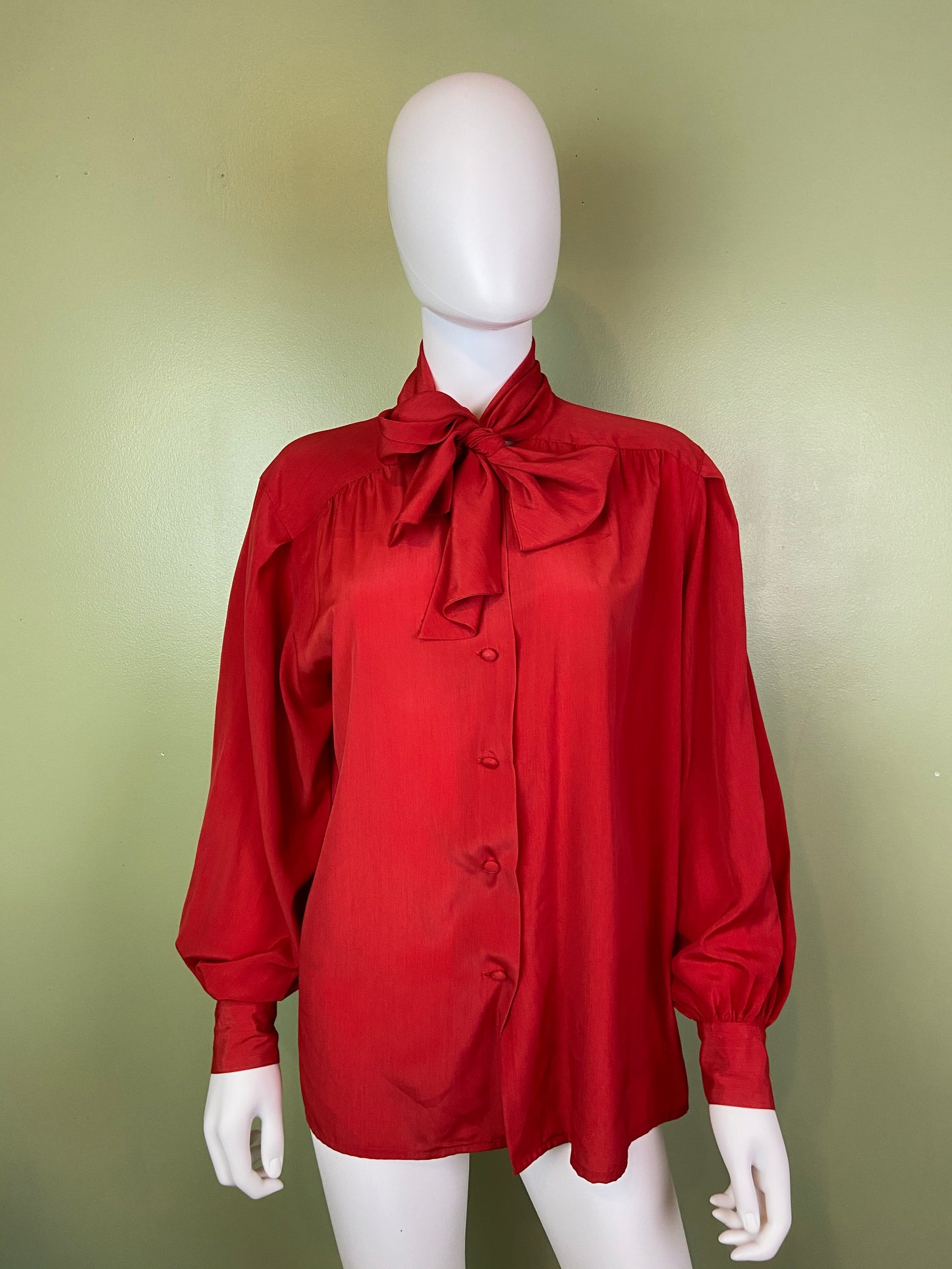Vintage Red Kitten Bow Silky Blouson Sleeve Career Cocktail
