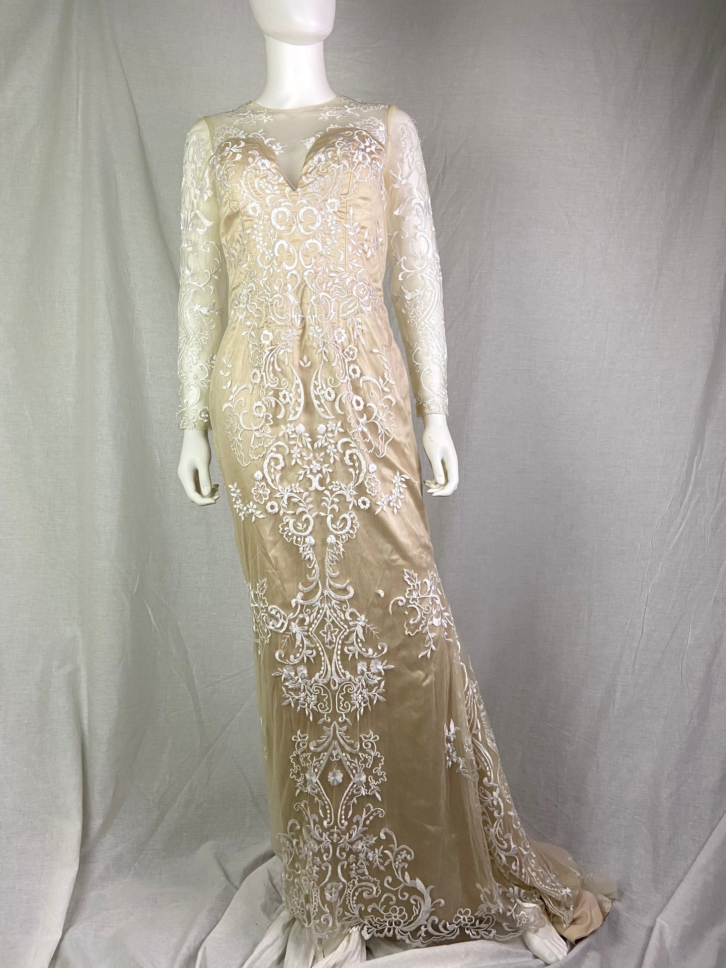 Vtg Champagne Cream Beige Embroidered Sheer Satin Wedding Gown ABBY ESSIE STUDIOS