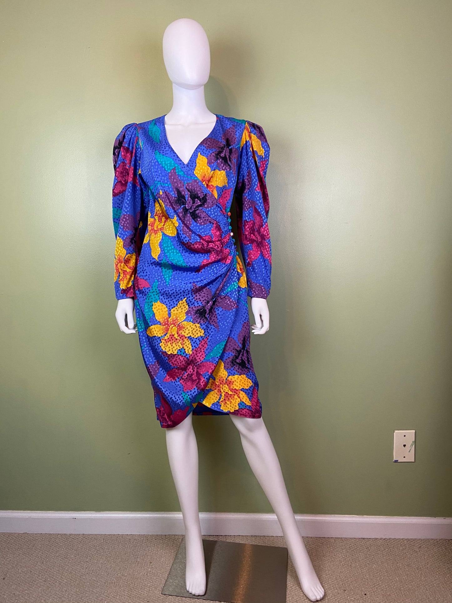 Vintage Silky Blue Floral Wrap Dress ABBY ESSIE Designer & Vintage
