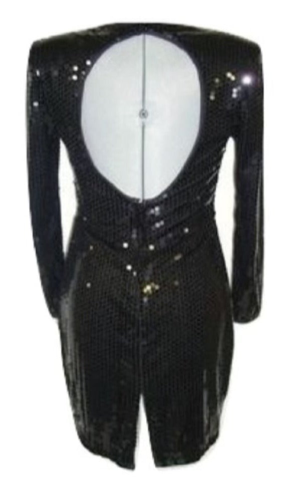 Vintage Black Sequin Stretch Open Back Wiggle Cocktail Dress 10 Medium Ld-2428 Abby Essie