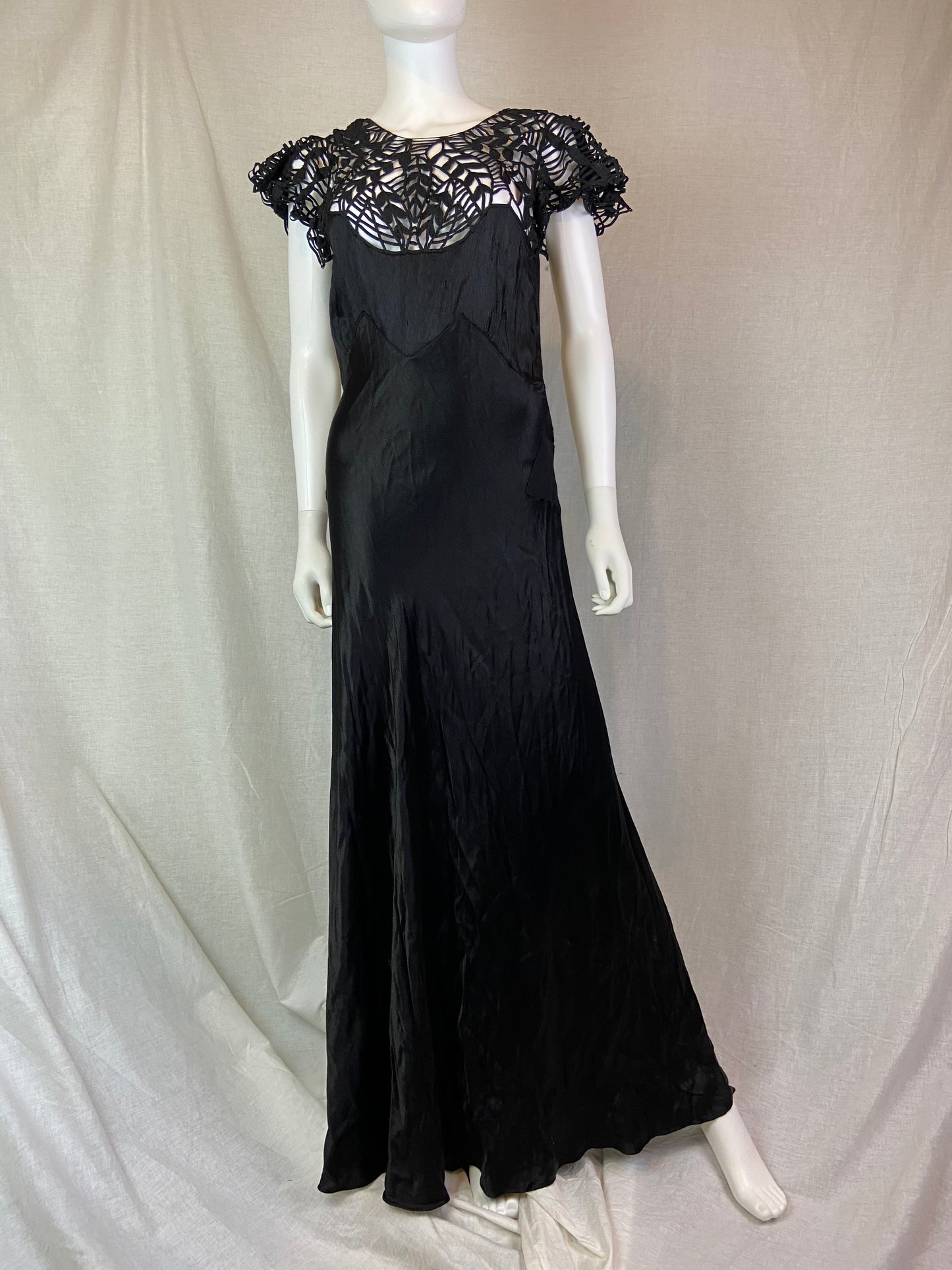 Antique Black Woven Lace Silk Bias Gown ABBY ESSIE STUDIOS