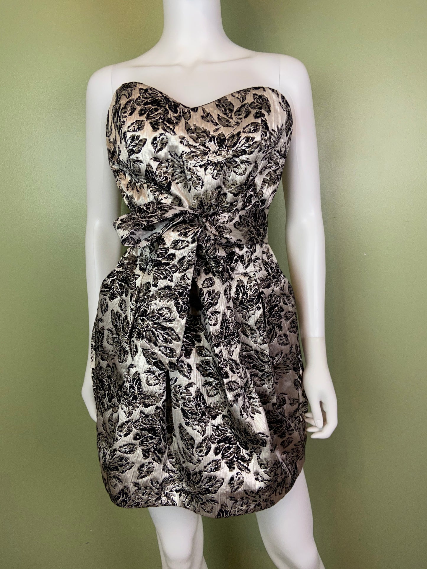 Silver Lame Black Floral Strapless Bustier Bubble Dress Abby Essie