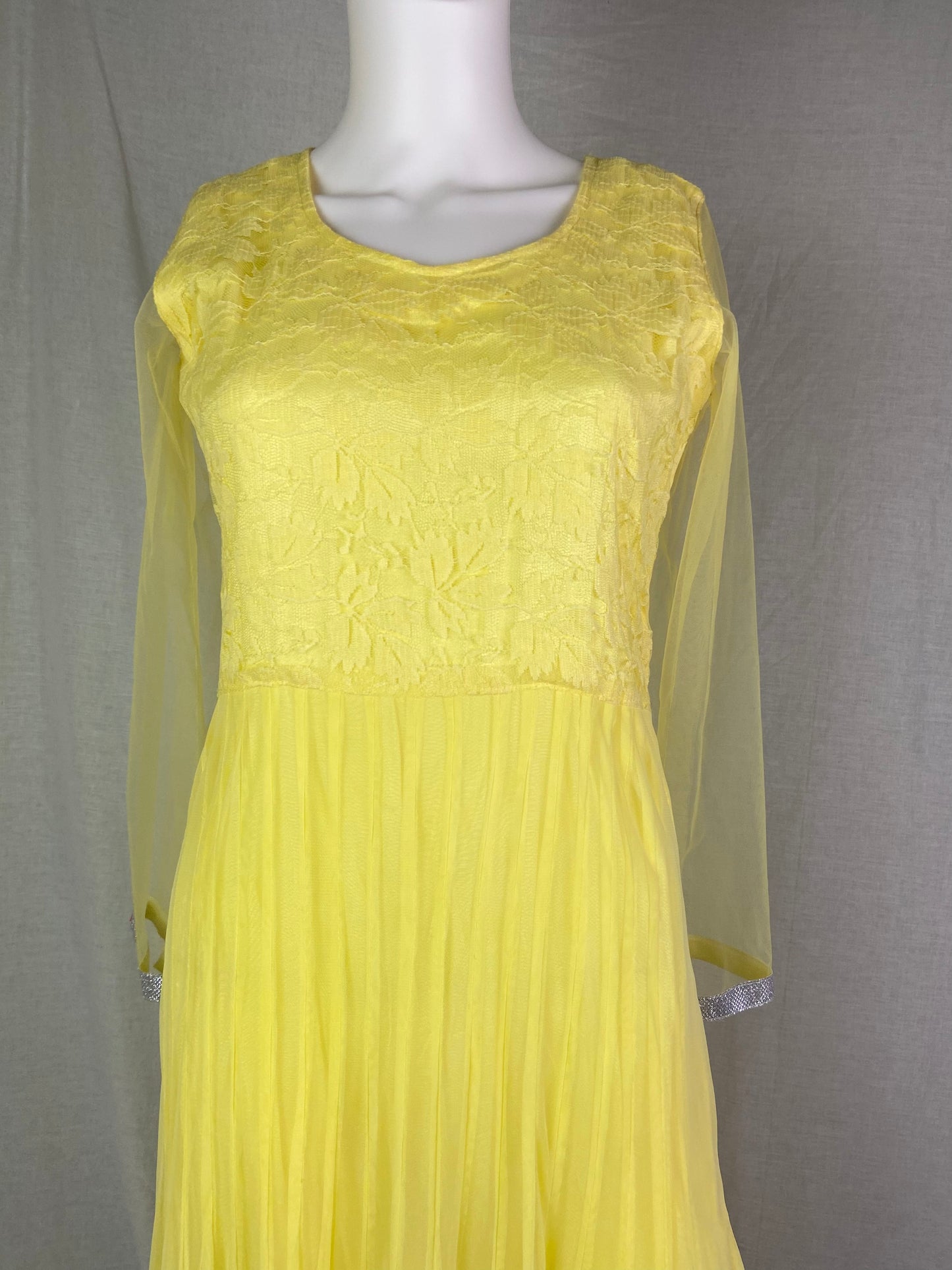 Indian Yellow Lace Sheer Pleated Dress ABBY ESSIE STUDIOS