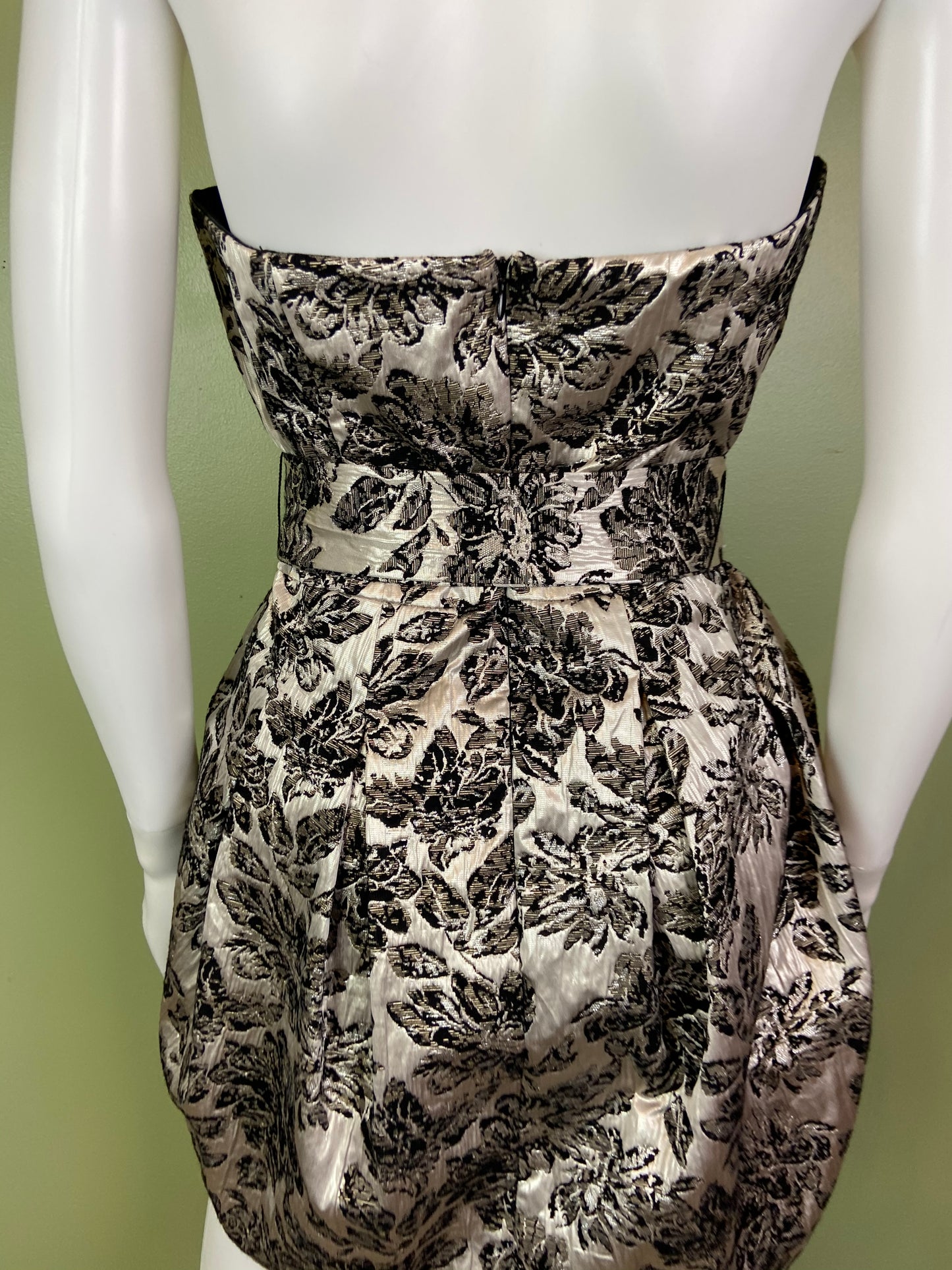 Silver Lame Black Floral Strapless Bustier Bubble Dress Abby Essie