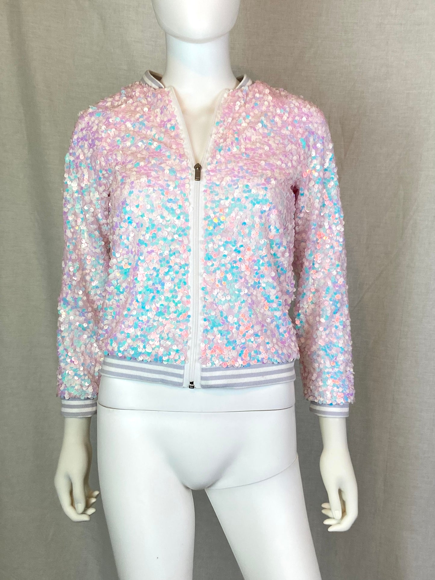 Iridescent Pink White Sequin Jacket Girls L 10-12