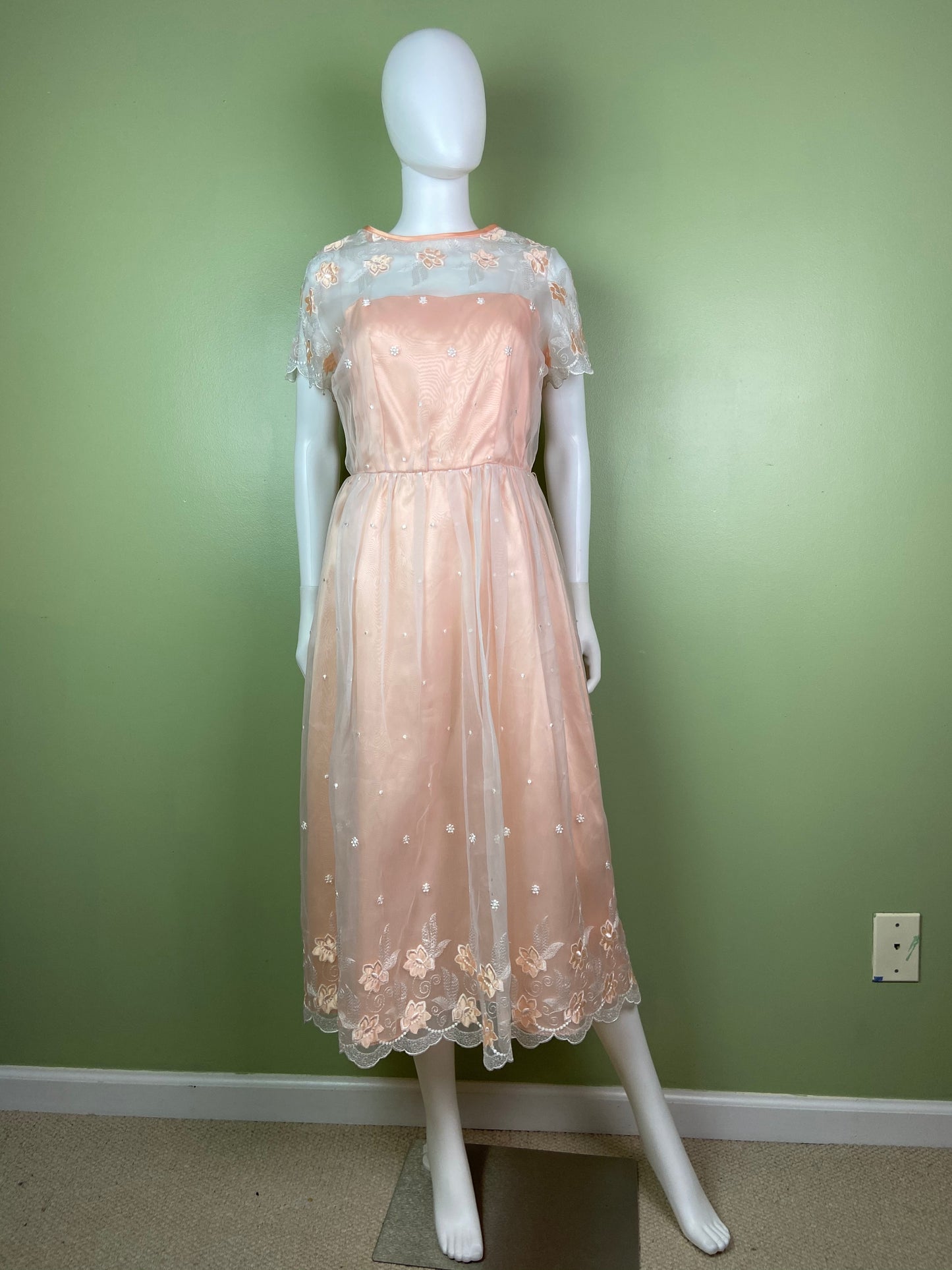 Vintage Victorian Bespoke Pink Peach Satin Sheer Embroidered Floral Lace Dress Gown Abby Essie