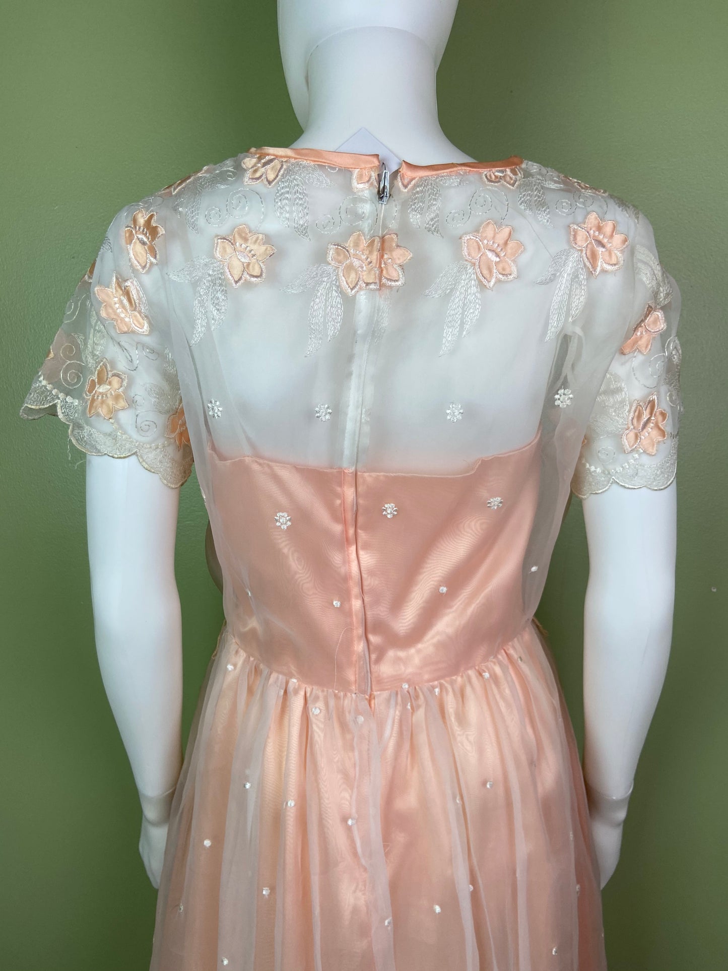 Vintage Victorian Bespoke Pink Peach Satin Sheer Embroidered Floral Lace Dress Gown Abby Essie