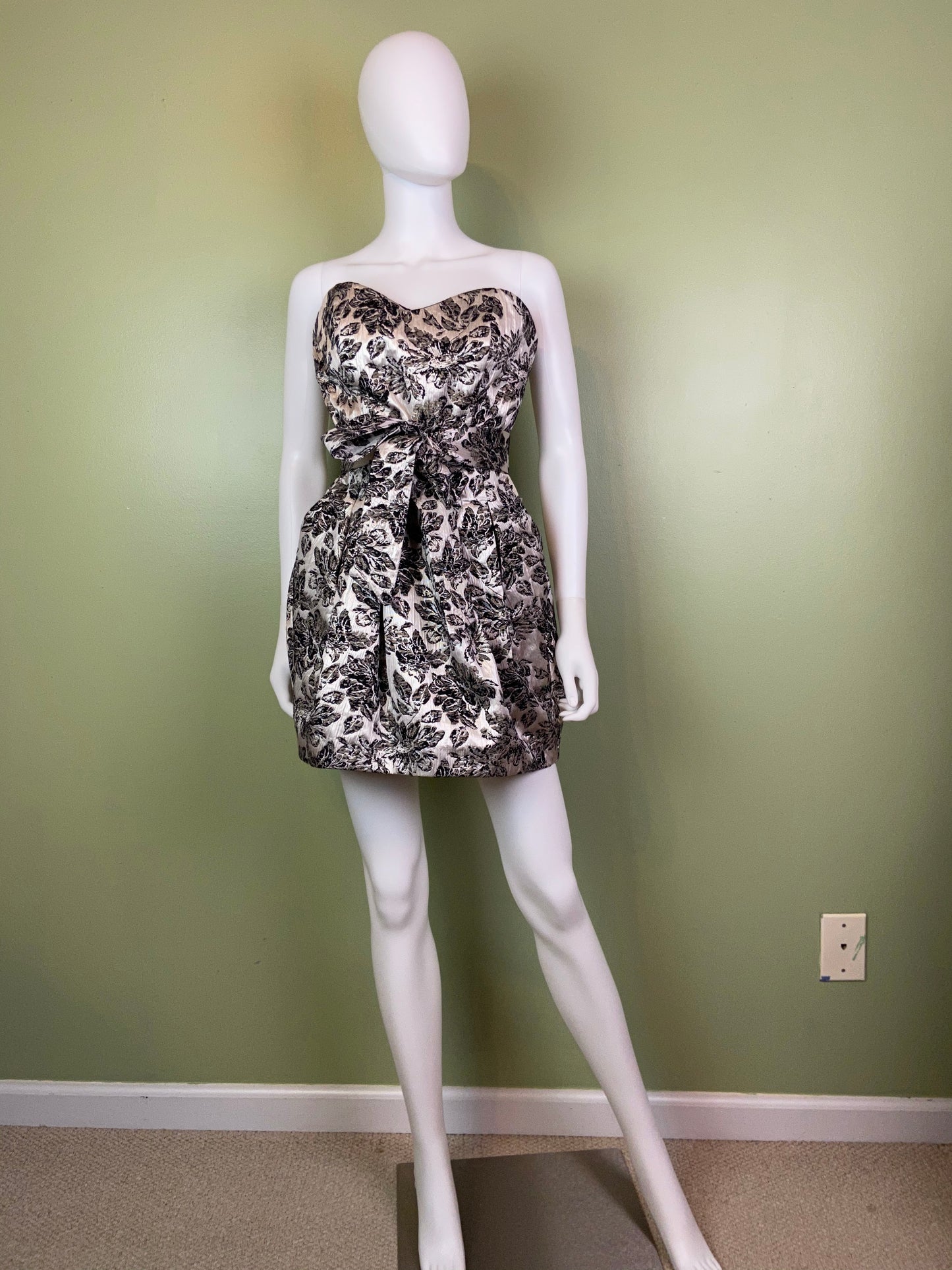 Silver Lame Black Floral Strapless Bustier Bubble Dress Abby Essie