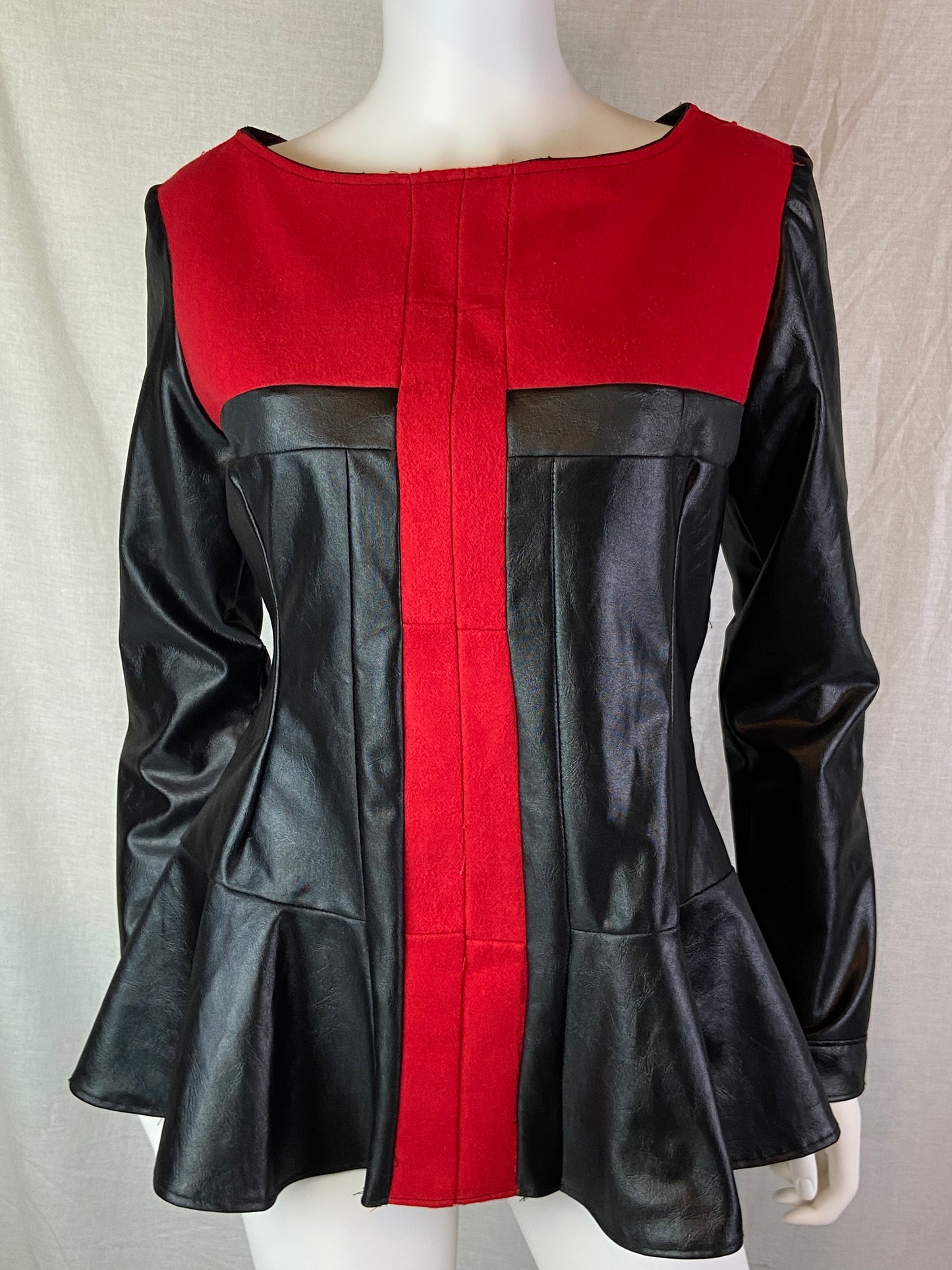 Custom Red Wool Black Faux Leather Top