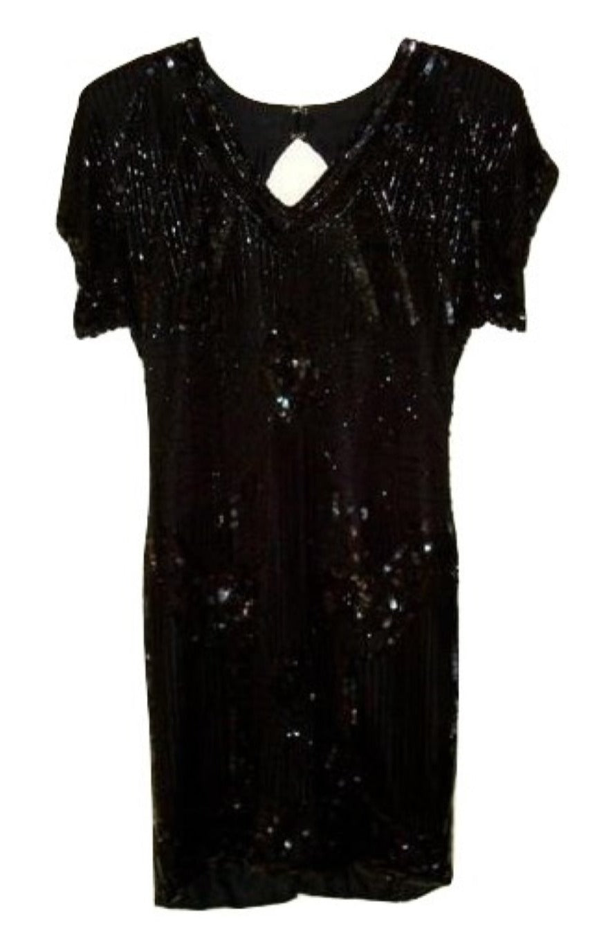 Vtg Black Sequined Beaded Silk Cocktail Flapper Great Gatsby Dress Abby Essie