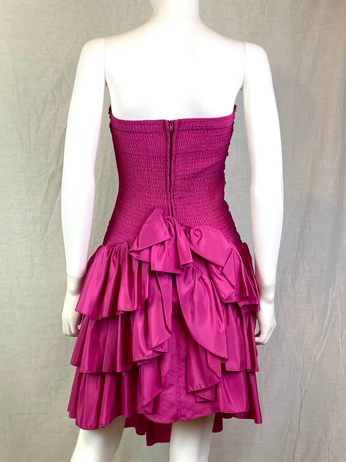 Vintage Positively ELLYN Hot Pink Satin Ruche Ruffle Dress ABBY ESSIE STUDIOS