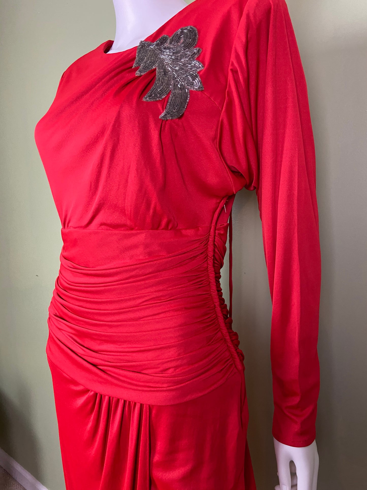 Vintage Bright Beaded Red Ruche Drape Dress Abby Essie