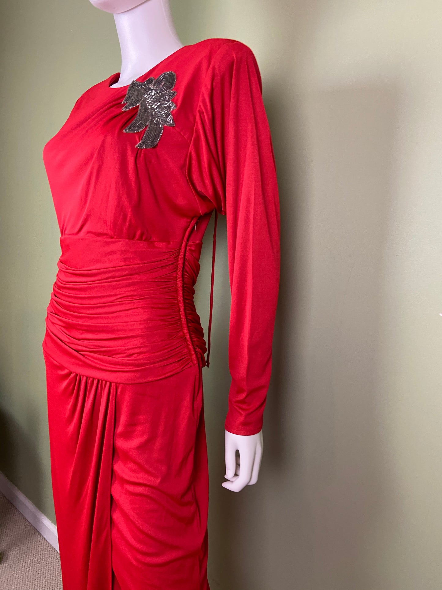 Vintage Bright Beaded Red Ruche Drape Dress Abby Essie