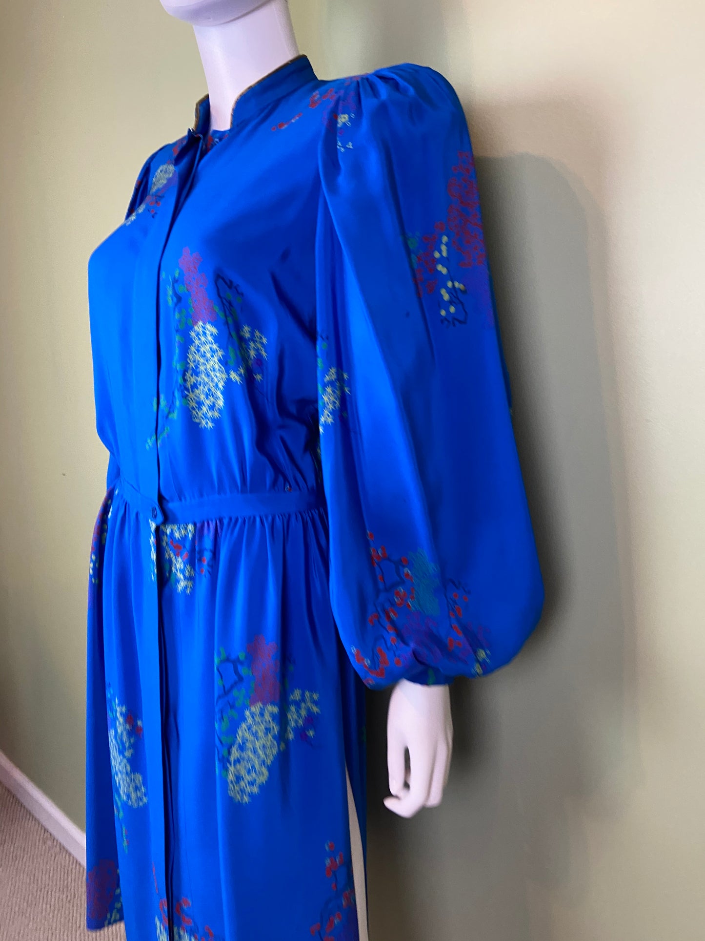 LANVIN Vintage Floral Royal Blue Silk Dress with Skirt Abby Essie