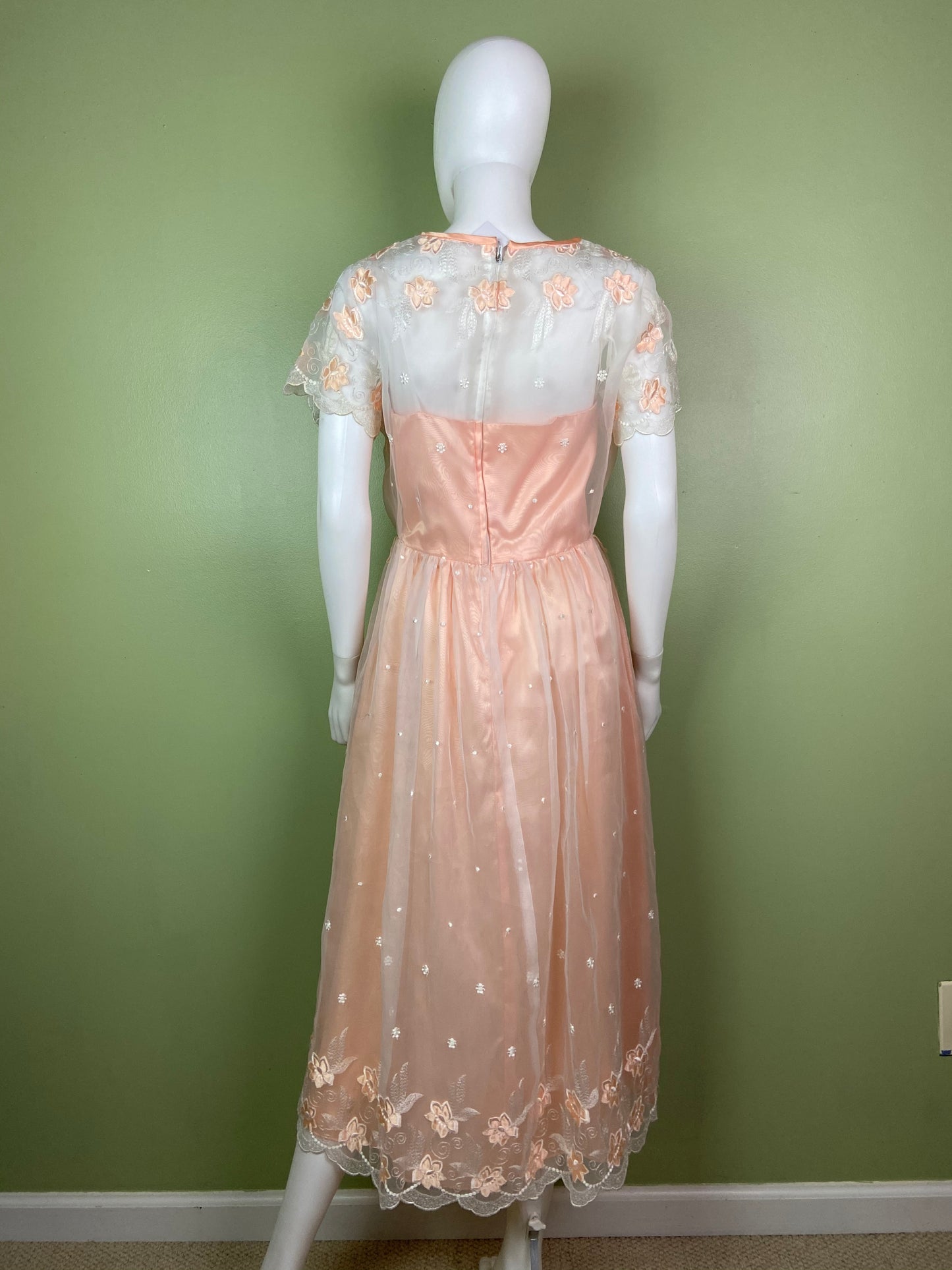 Vintage Victorian Bespoke Pink Peach Satin Sheer Embroidered Floral Lace Dress Gown Abby Essie