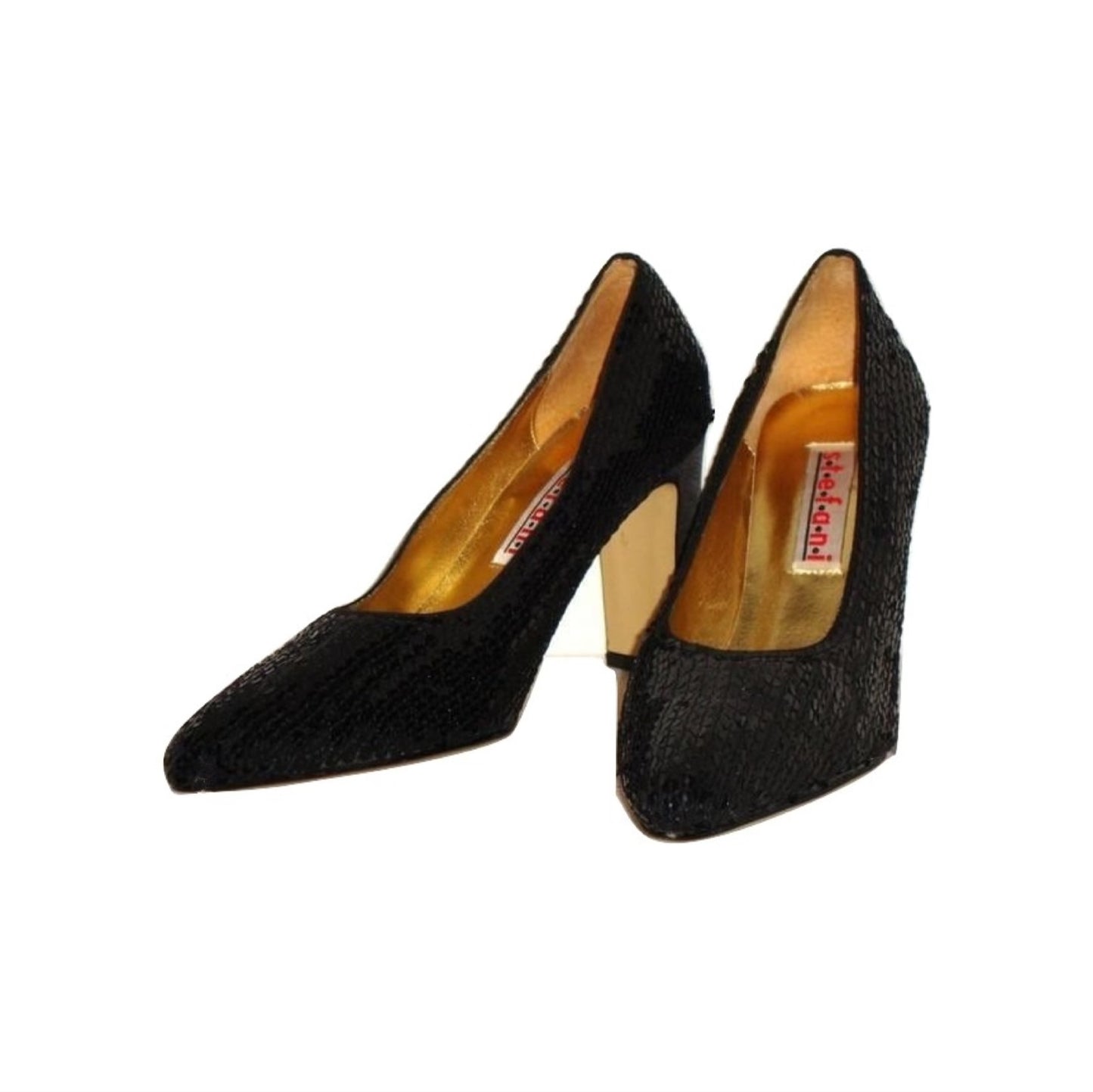 Vintage 80s does 40s BLACK SEQUINED great gatsby PUMPS SZ 9M LEATHER SOLE SHOES