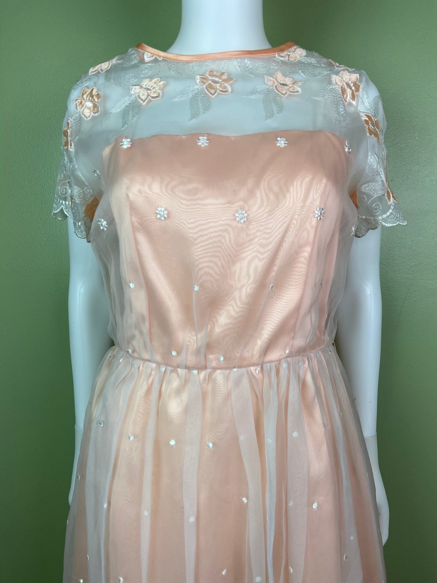 Vintage Victorian Bespoke Pink Peach Satin Sheer Embroidered Floral Lace Dress Gown Abby Essie