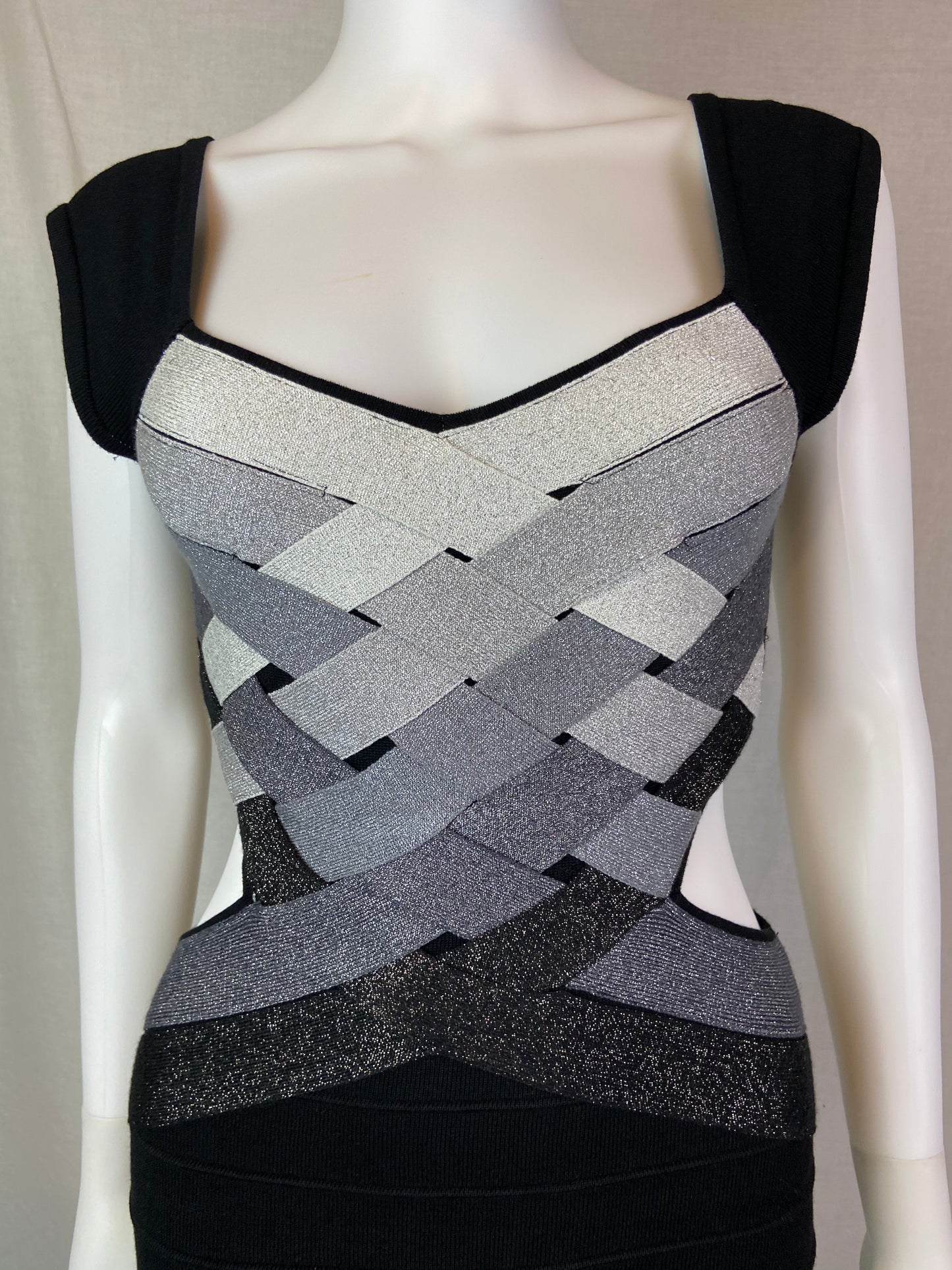 Wow Couture Black Silver Gray Glitter Cut Out Bandage Dress ABBY ESSIE STUDIOS