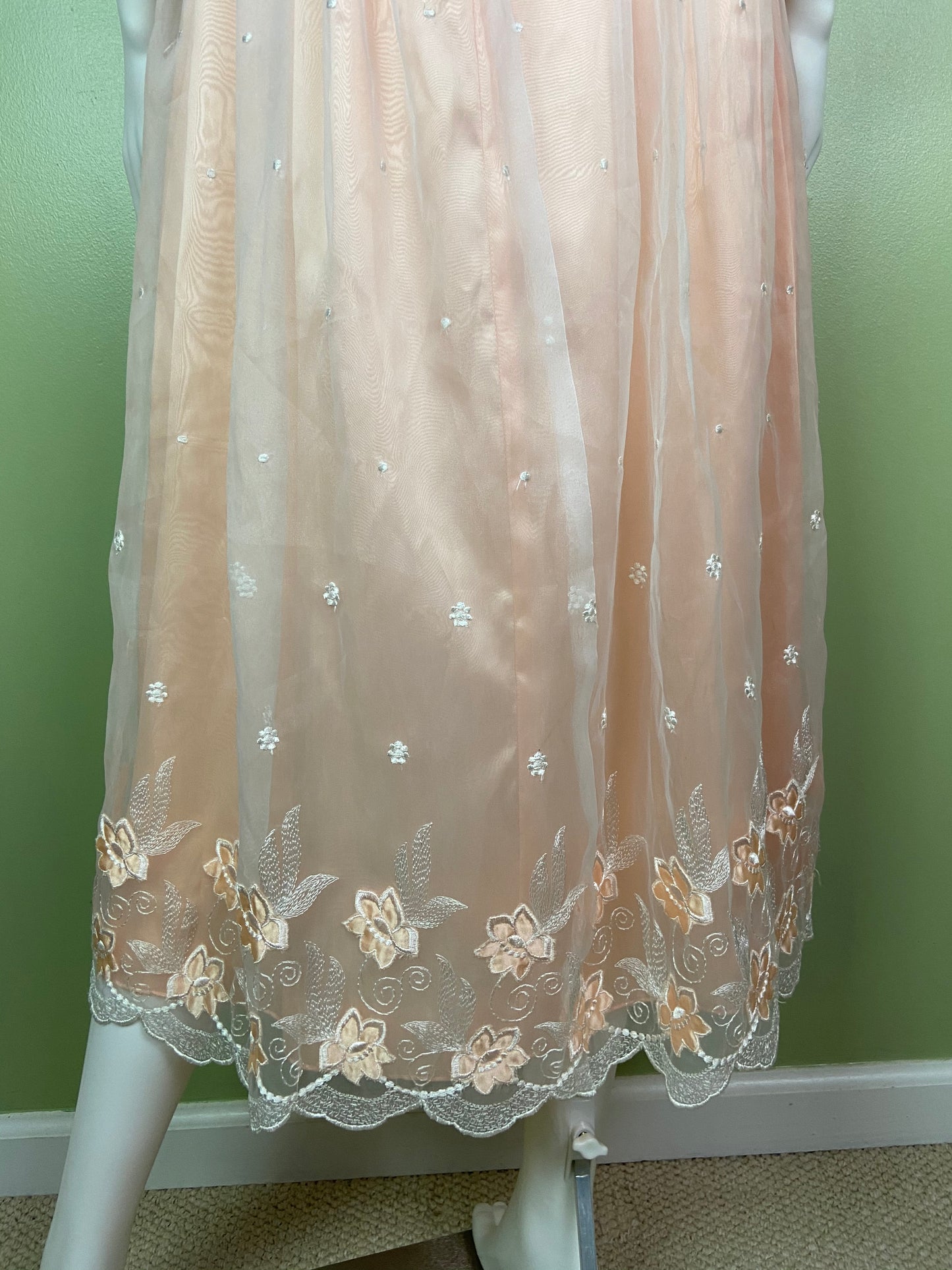 Vintage Victorian Bespoke Pink Peach Satin Sheer Embroidered Floral Lace Dress Gown Abby Essie